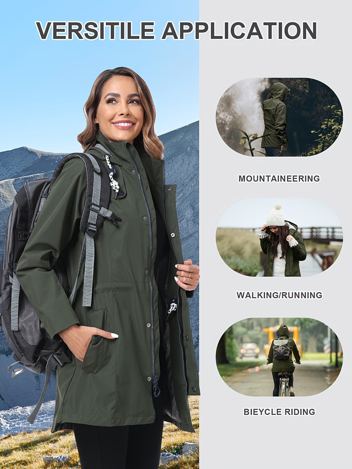 Rain Jacket Women'S Waterproof Hood Transition Jacket Long with Breathable Lining Trench Coat Windbreaker