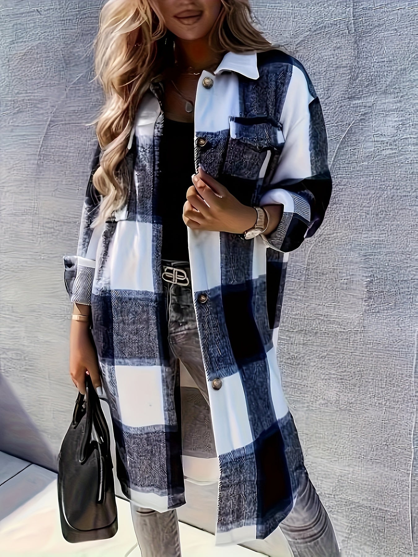 Plaid Print Long Jacket, Casual Button-Front with Flap Pockets.
