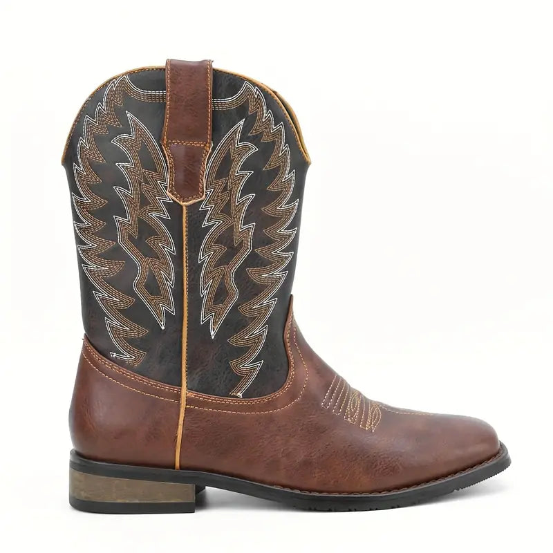 Herren-Roper-Stiefel mit quadratischer Zehenpartie, Western-Cowboystiefel, bestickte Roper-Stiefel bis zur Mitte der Wade