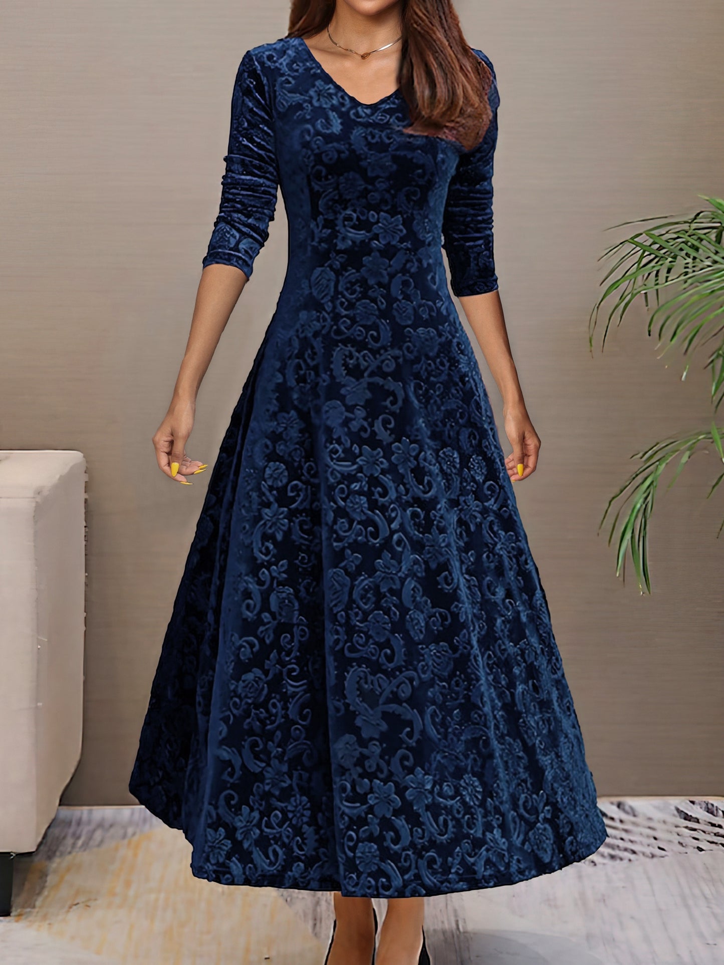 Vestido longo liso, decote em V, manga comprida, estilo elegante para primavera/outono.