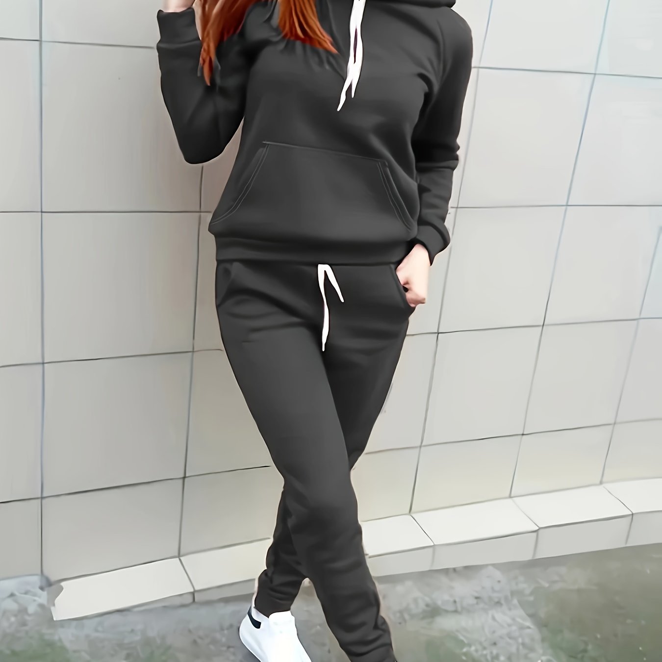 Solid Two-piece Set, Hoodie with Kangaroo Pocket & Drawstring Pants