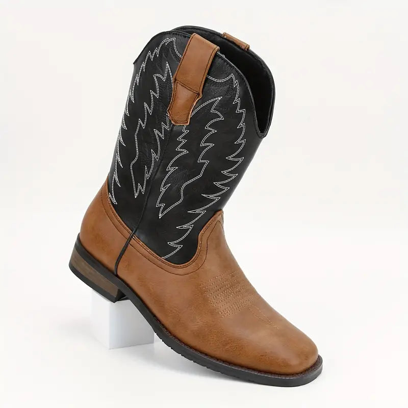 Herren-Roper-Stiefel mit quadratischer Zehenpartie, Western-Cowboystiefel, bestickte Roper-Stiefel bis zur Mitte der Wade