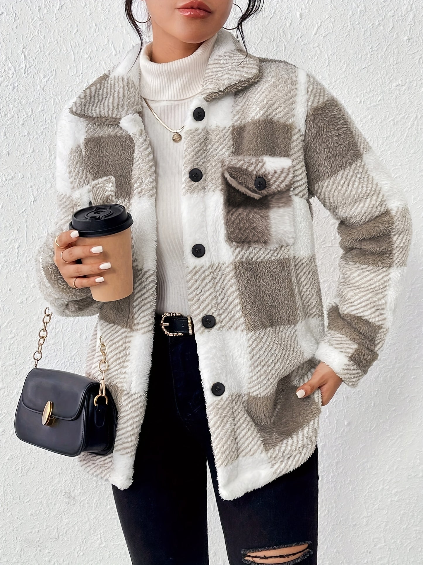 Elegant Plush Winter Jacket - Polyester and Elastane, Checkered Pattern, High Stretch Fabric, Machine Washable, Knitted Style