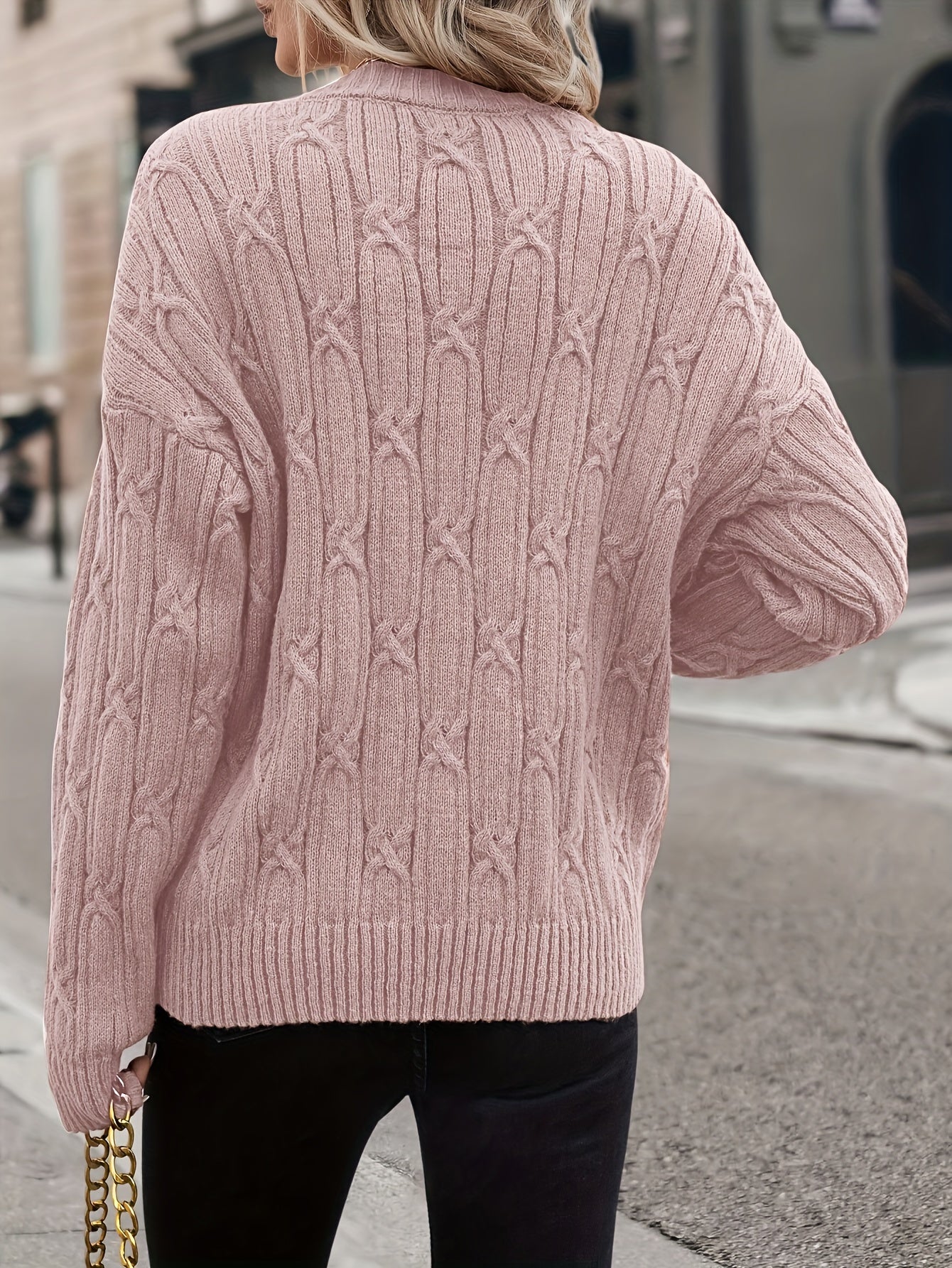 V-Neck Cable Knit Sweater, Casual Long Sleeve for Fall & Spring