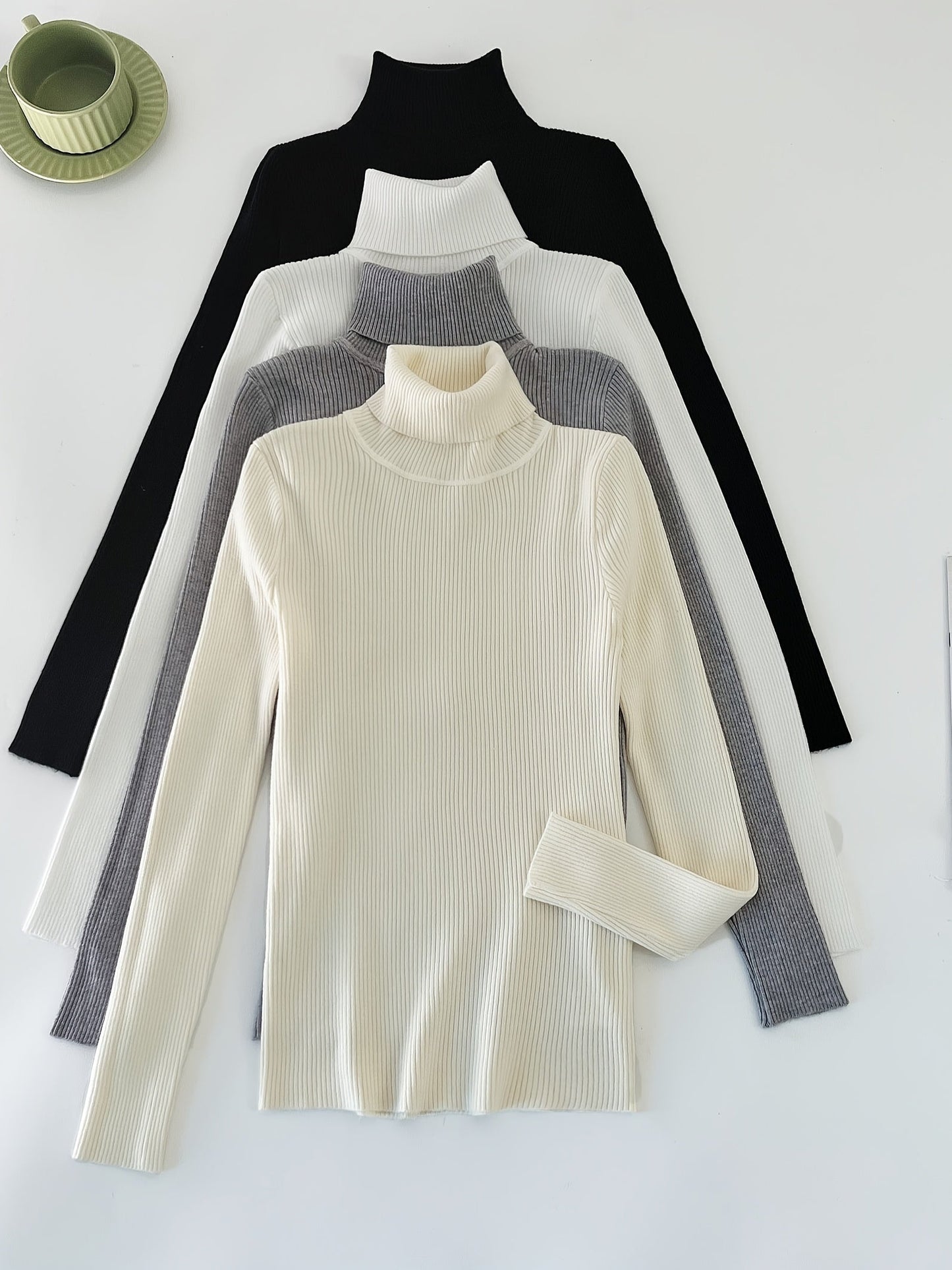 Solid Turtleneck Rib Knit Top 4-Pack - Casual Long Sleeve Slim Sweater