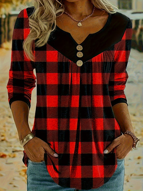 Camiseta xadrez com decote em V para mulheres, estilo boho, mangas compridas.