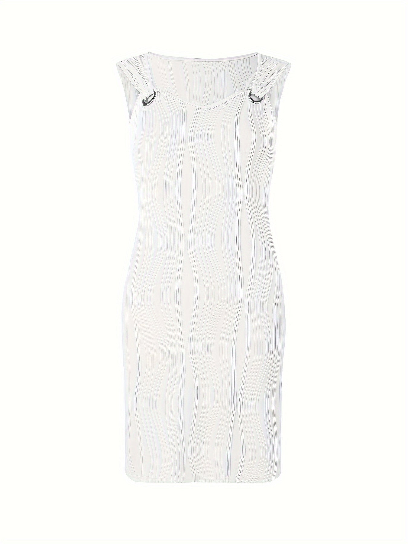 Vestido curto listrado ondulado, decote em V, sem mangas, estilo casual.