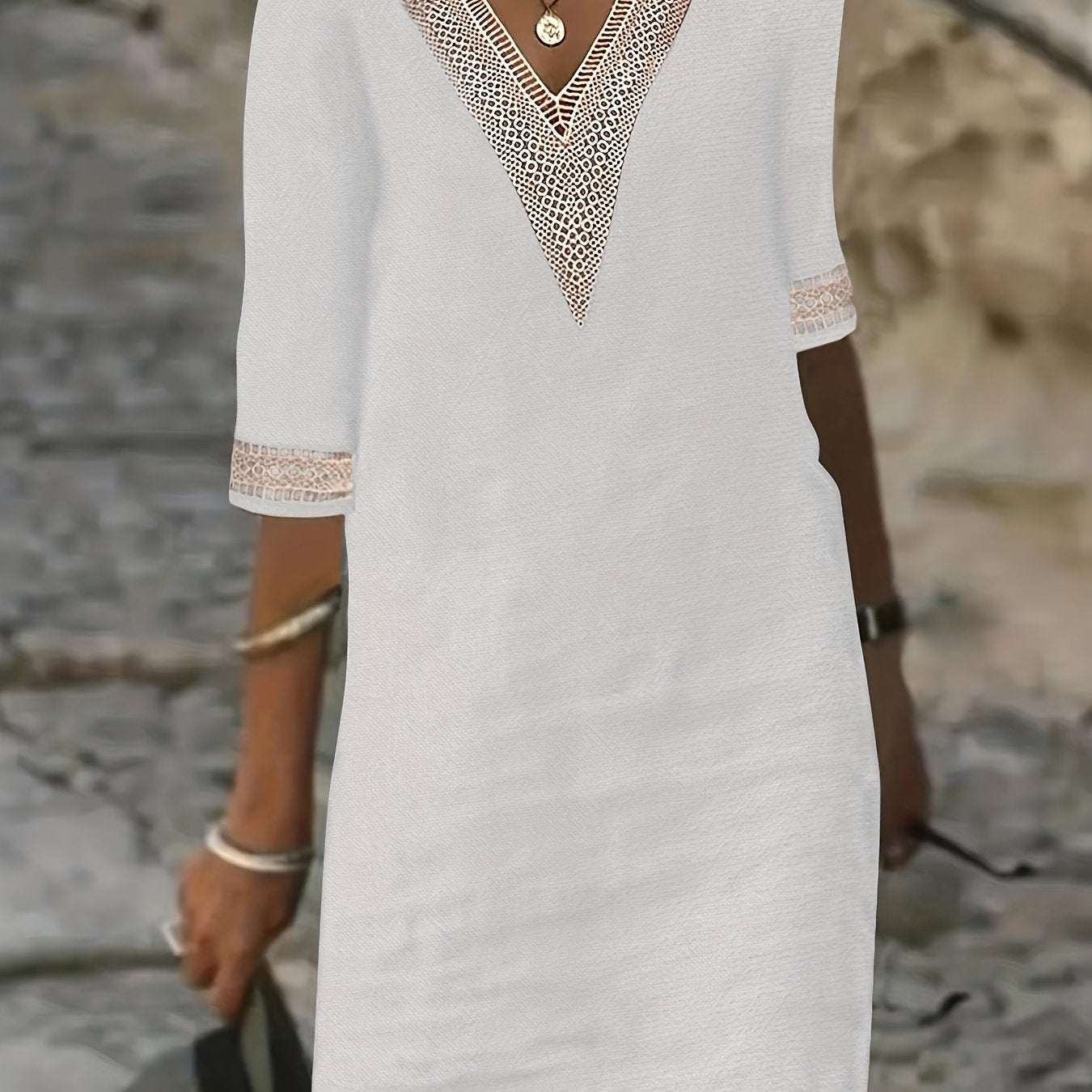 Guipure Lace V-Neck Dress, Casual Short Sleeve for Spring & Summer.