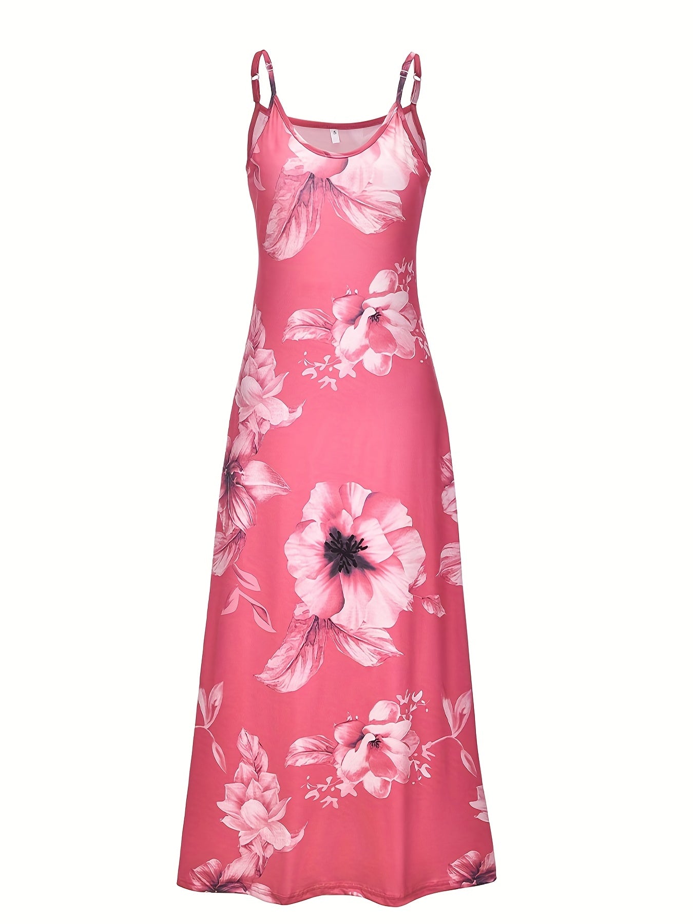 Vestido cami floral com alças finas, casual, comprimento até o tornozelo.