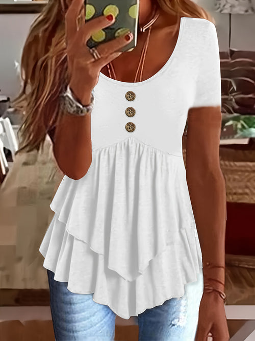 Camiseta de gola redonda de cor sólida, blusa flare com botões na frente e em camadas para primavera/verão.