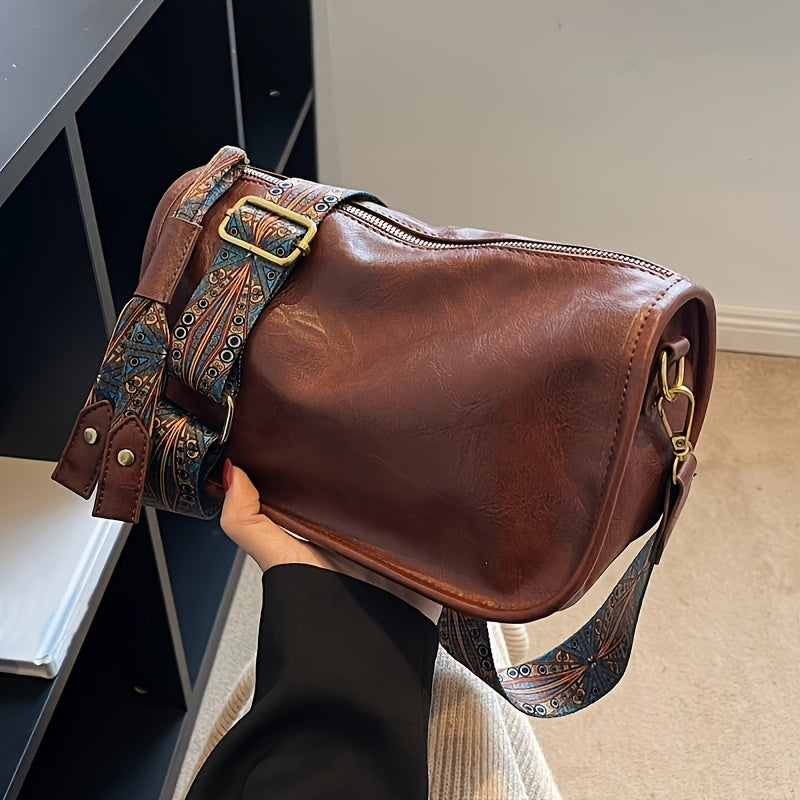 Bolsa tiracolo com zíper e estampa gráfica - estilosa, alça larga, grande capacidade
