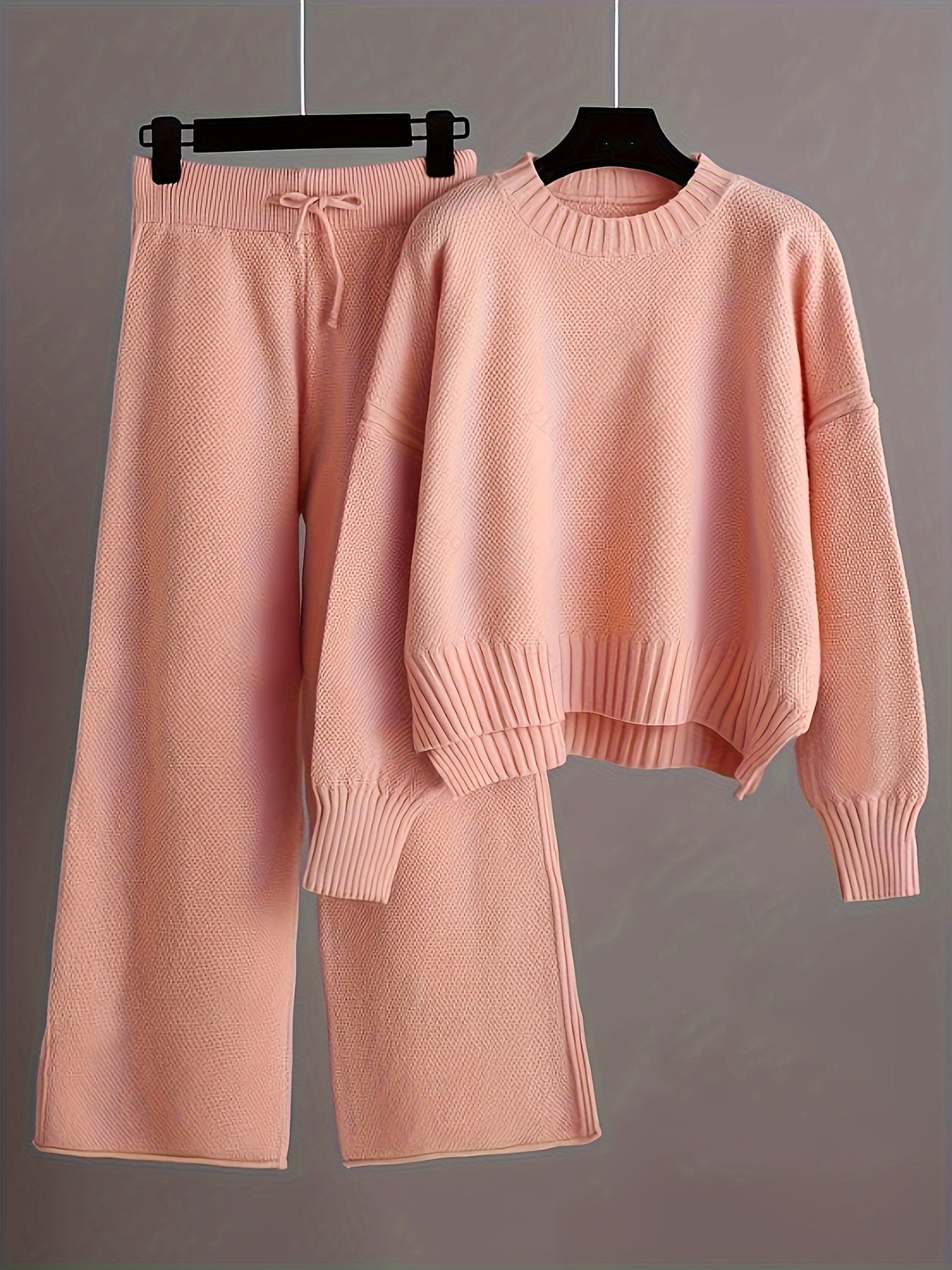 Damen-Set aus Strickpullover und Hose mit weitem Bein – lässig, langärmlig, einfarbig
