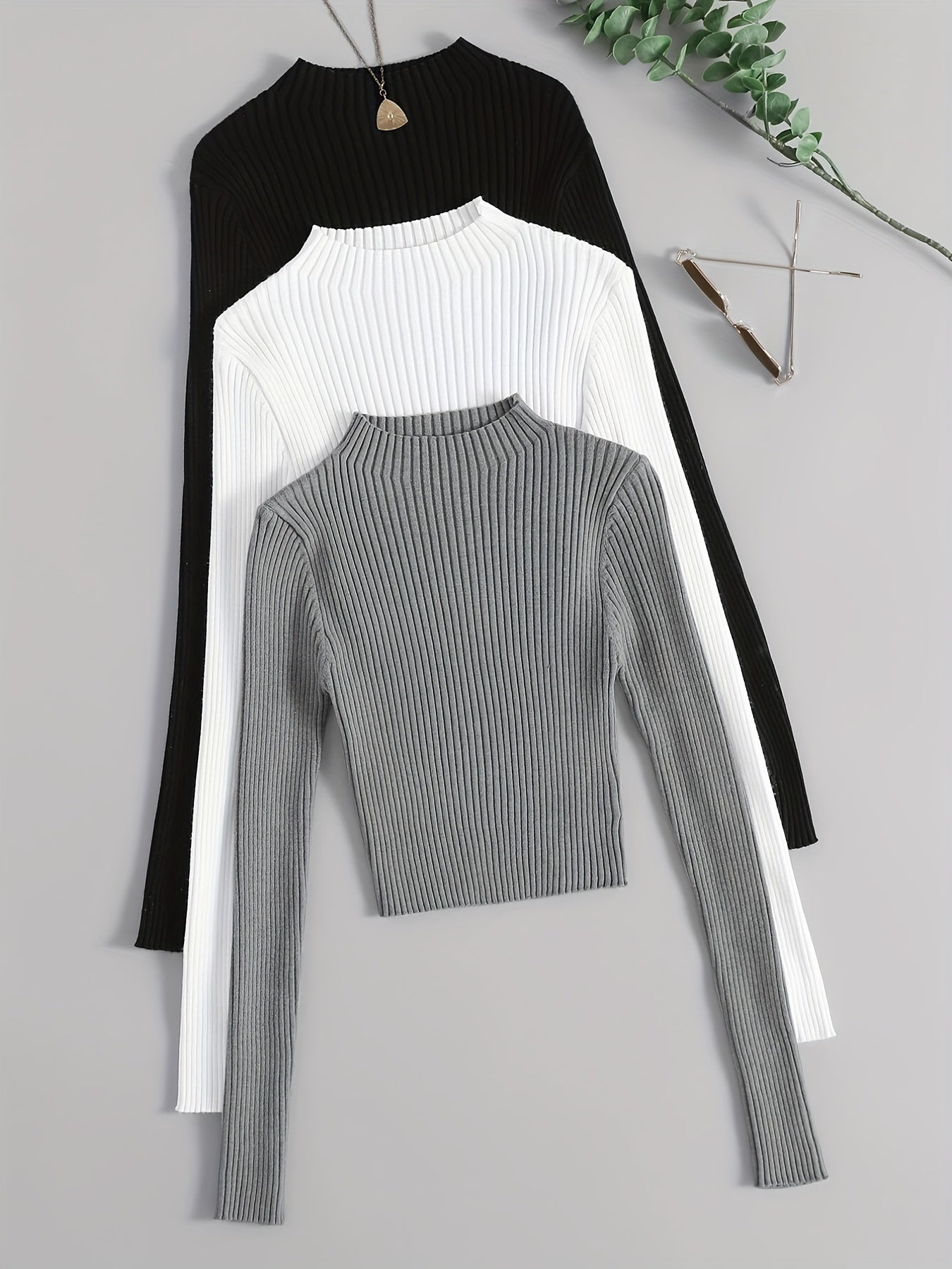 Solid Mock Neck Rib Knit Top 3-Pack - Casual Long Sleeve Slim Sweater