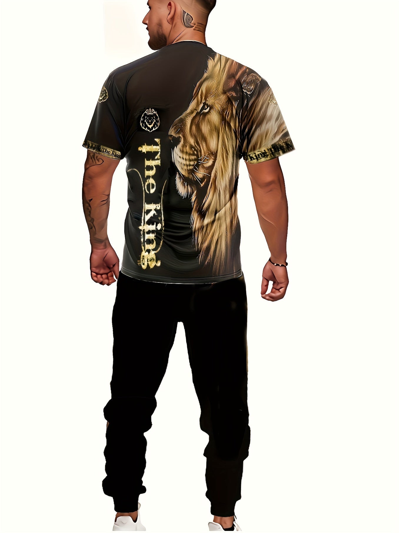 Men's 3D Lion Print Activewear Set, Tee & Pants