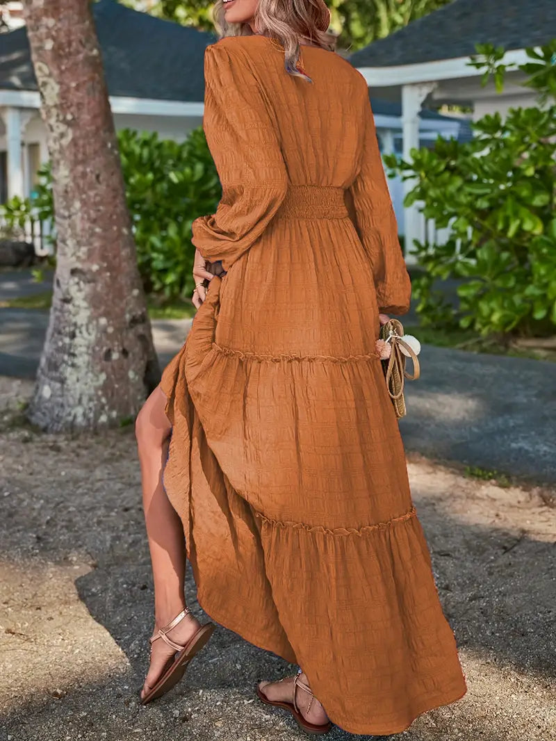 Solid V-Neck Textured Maxi Dress – Vacation Style, Smocked Long Sleeves