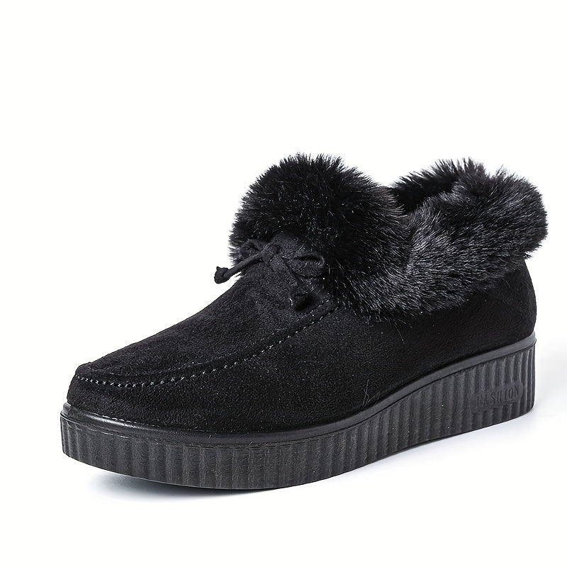 Women's Solid Color Boots, Bowknot Decor Round Toe Non-slip Soft Thick Sole Fluffy Velvet Warm Boots, Winter Comfy Shoes
