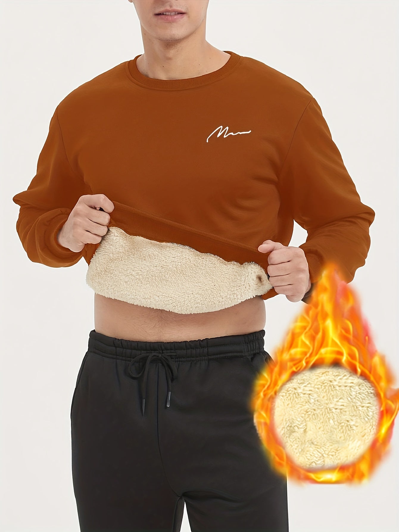 Men's Winter Fleece-Lined Sherpa Sweatshirt, Crew Neck, Casual Knit