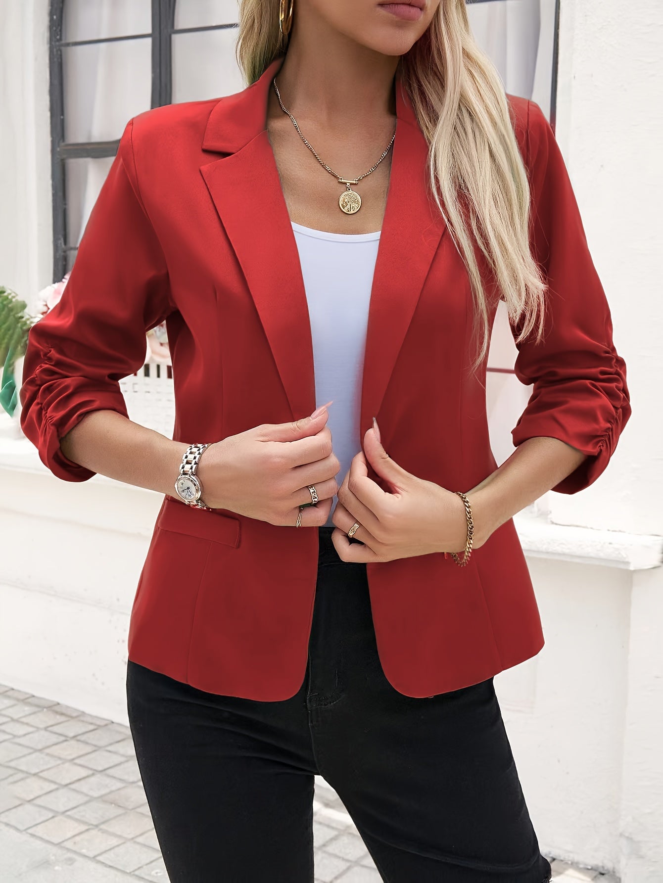 Button Front Lapel Tunic Blazer, Elegant Solid Color Long Sleeve Blazer For Office & Work, Women's Clothing