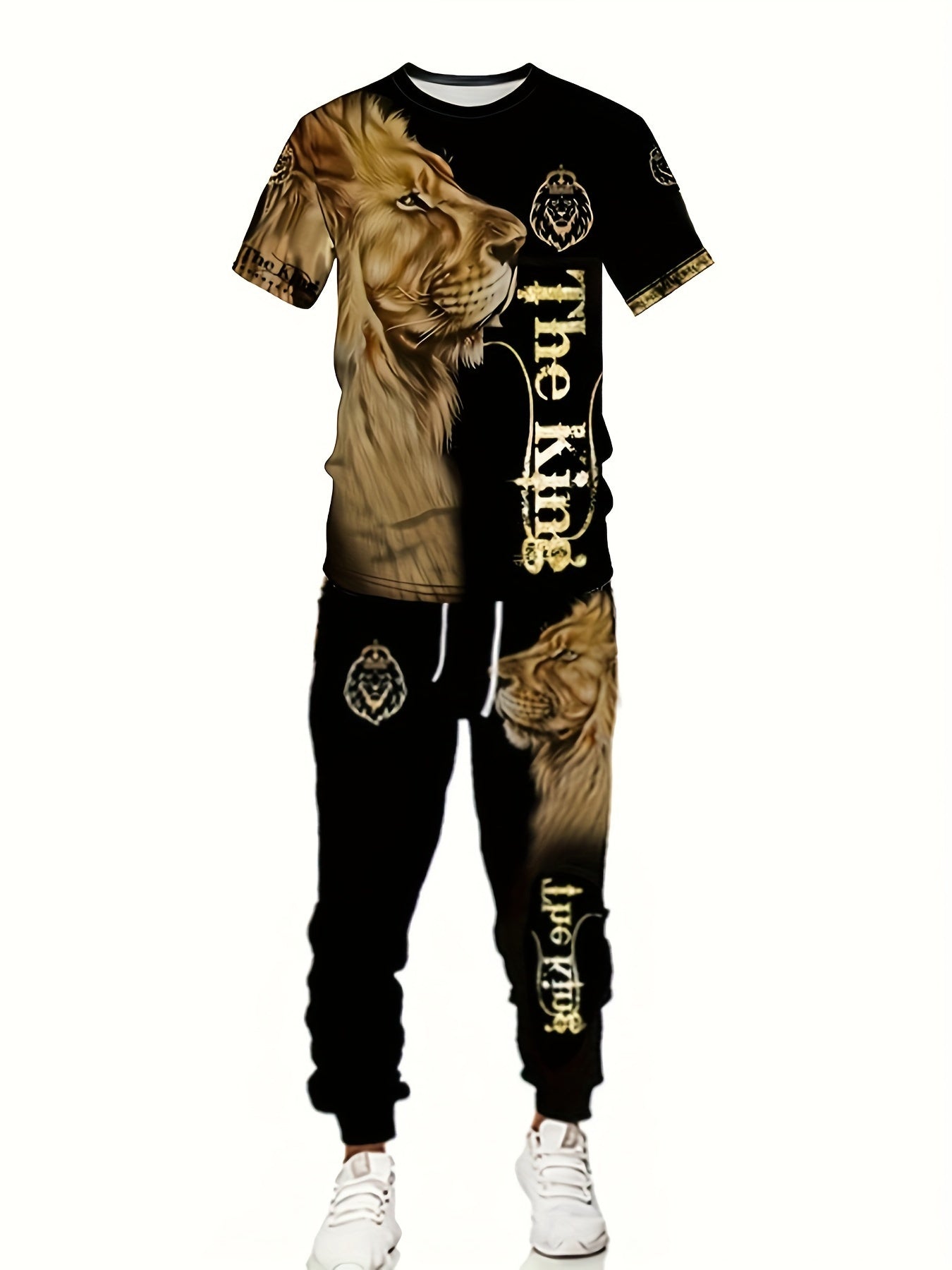 Men's 3D Lion Print Activewear Set, Tee & Pants