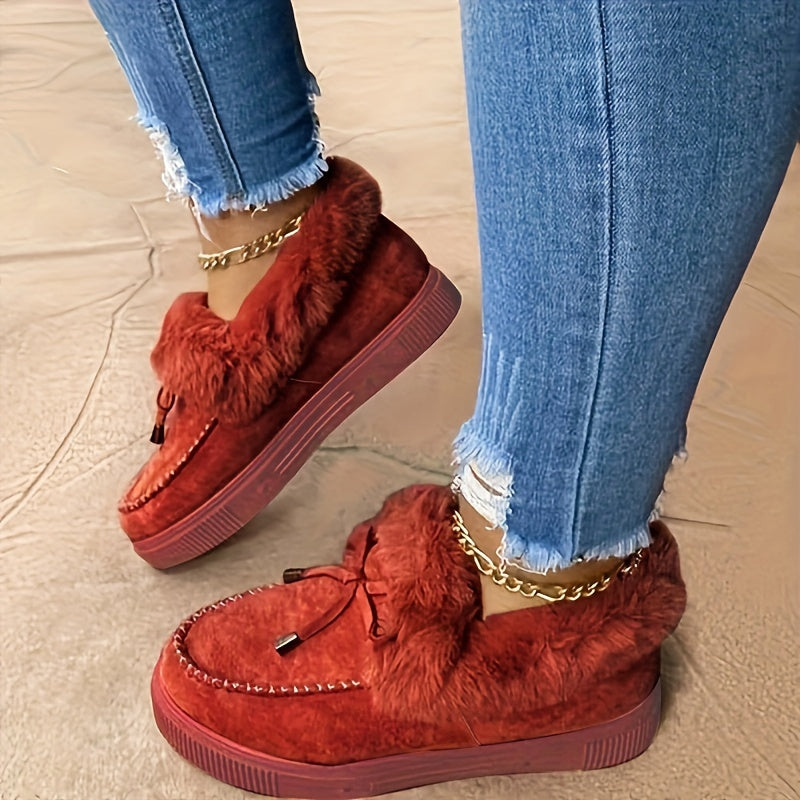 Botas femininas de inverno, cor sólida, bico redondo, salto plataforma baixo, sem cadarço, cabedal de tecido, interior de tecido, palmilha de tecido, sola de TPR, tamanho grande, quente, pelúcia, botas de neve, sapatilhas femininas para mulheres