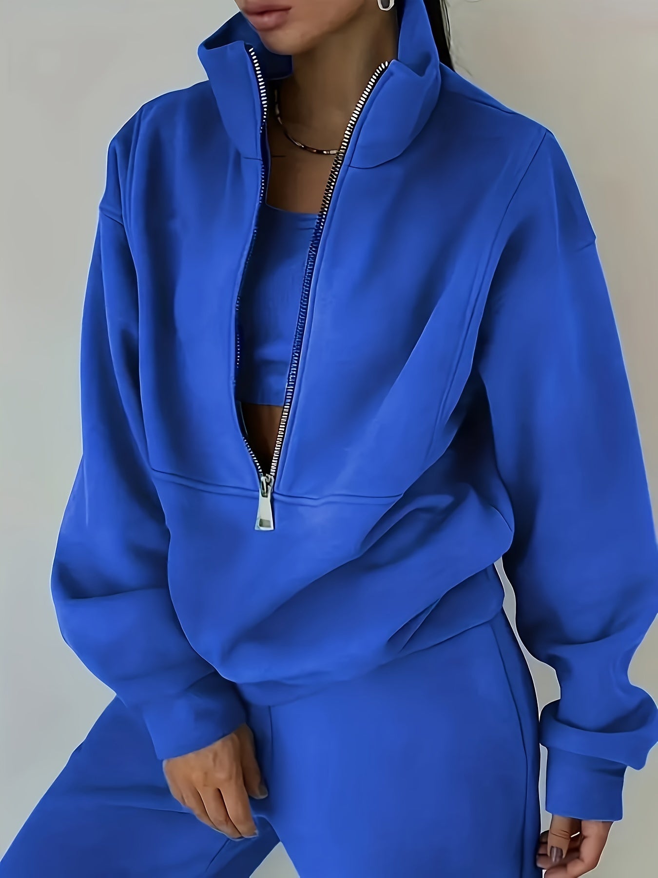 Solid Two-piece Set, Zip Front Sweatshirt & Elastic Waist Pants