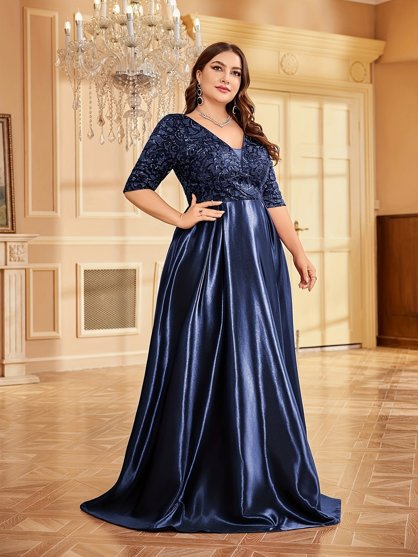 Elegant Navy Blue Sequin V-Neck Dress with Slim Fit Waist - Mid-Sleeve, A-Line Wedding & Banquet Gown, Polyester, Hand Washable