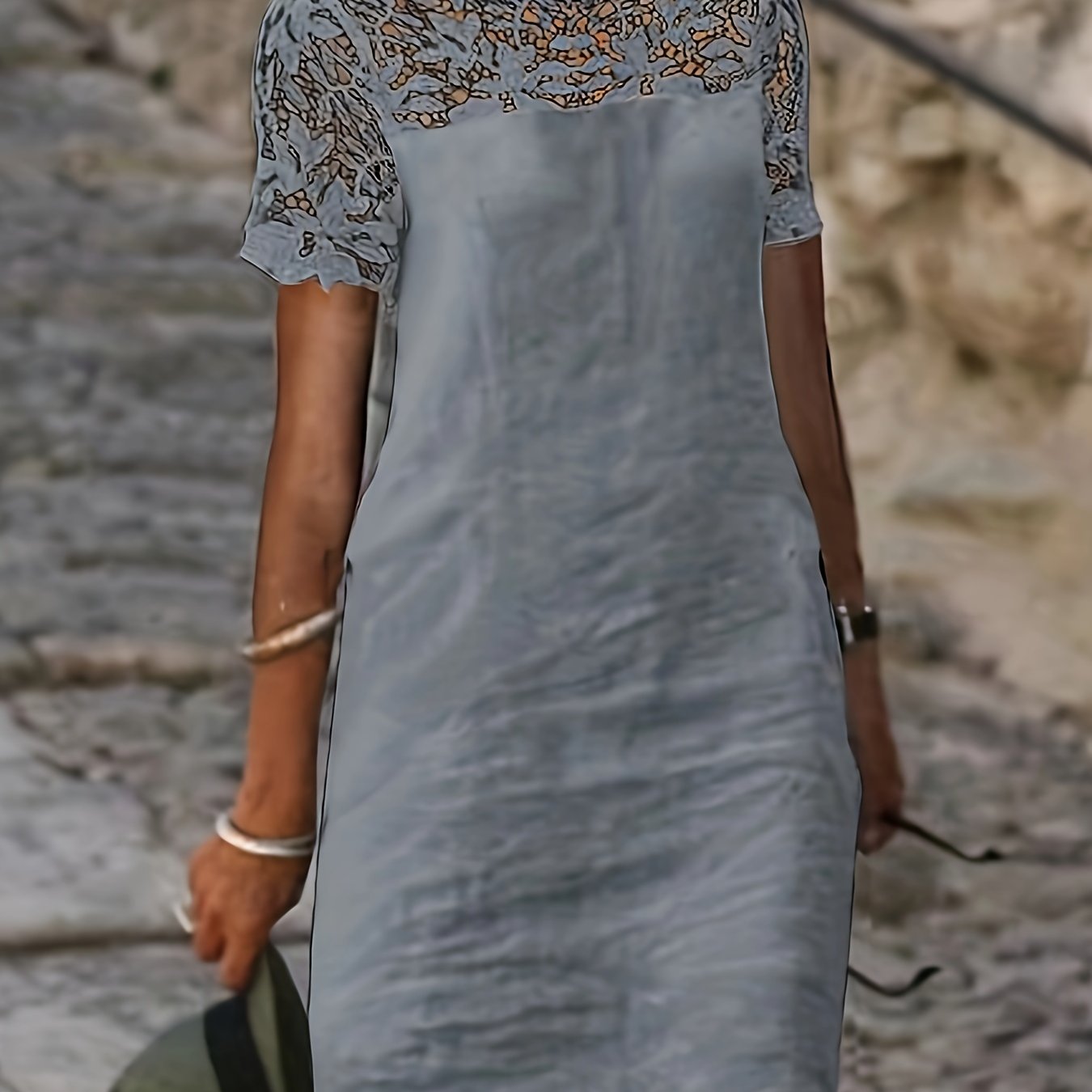 Vestido com renda sólida, manga curta elegante, perfeito para primavera e outono.