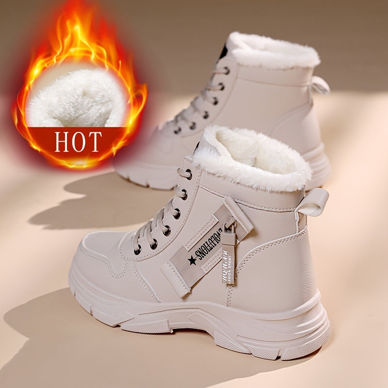 Botas de neve quentes de inverno femininas com zíper lateral - Sola grossa confortável, tênis de cano alto em cor sólida, botas de neve, sapatos para atividades ao ar livre