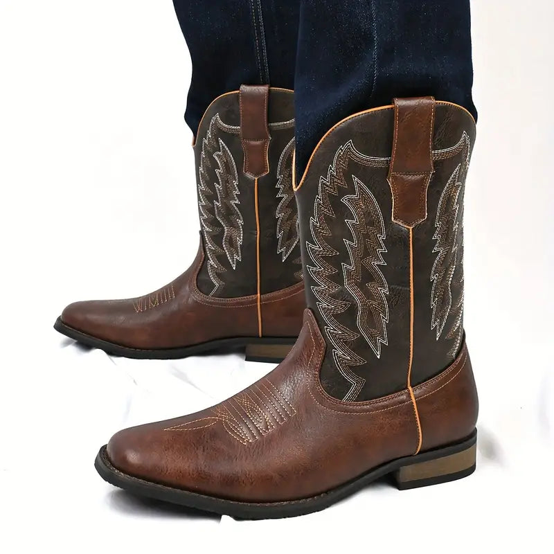 Herren-Roper-Stiefel mit quadratischer Zehenpartie, Western-Cowboystiefel, bestickte Roper-Stiefel bis zur Mitte der Wade
