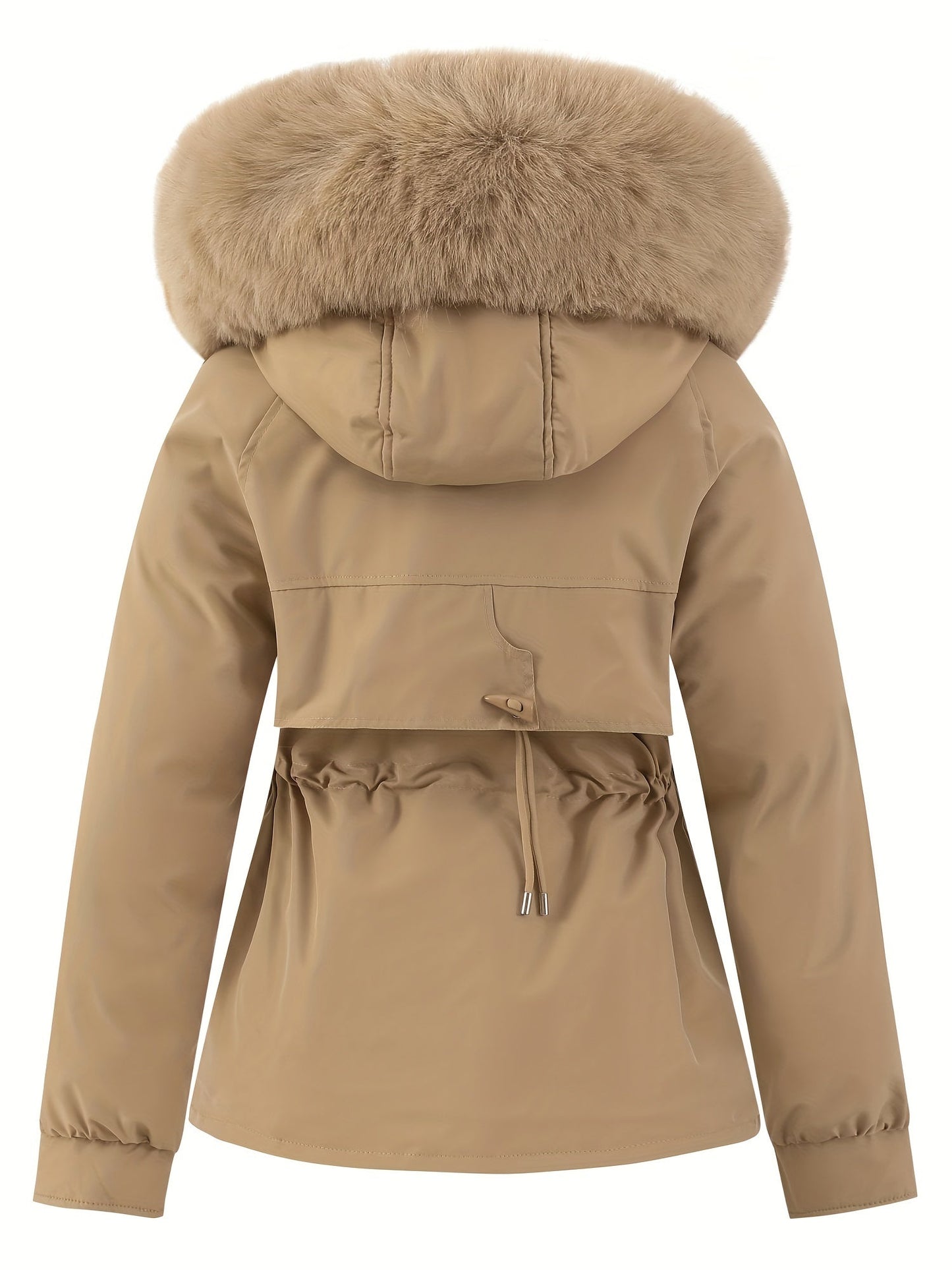 Zip-up Fuzzy Trim Hoodie Parka, Casual Drawstring Waist Winter Coat