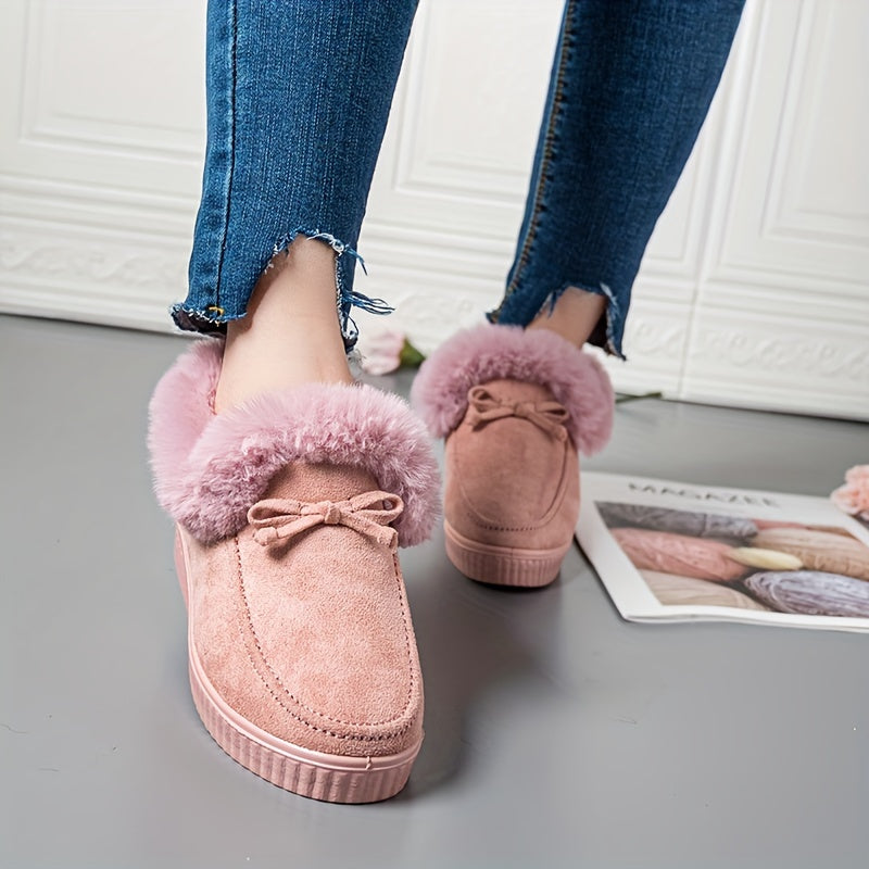 Women's Solid Color Boots, Bowknot Decor Round Toe Non-slip Soft Thick Sole Fluffy Velvet Warm Boots, Winter Comfy Shoes