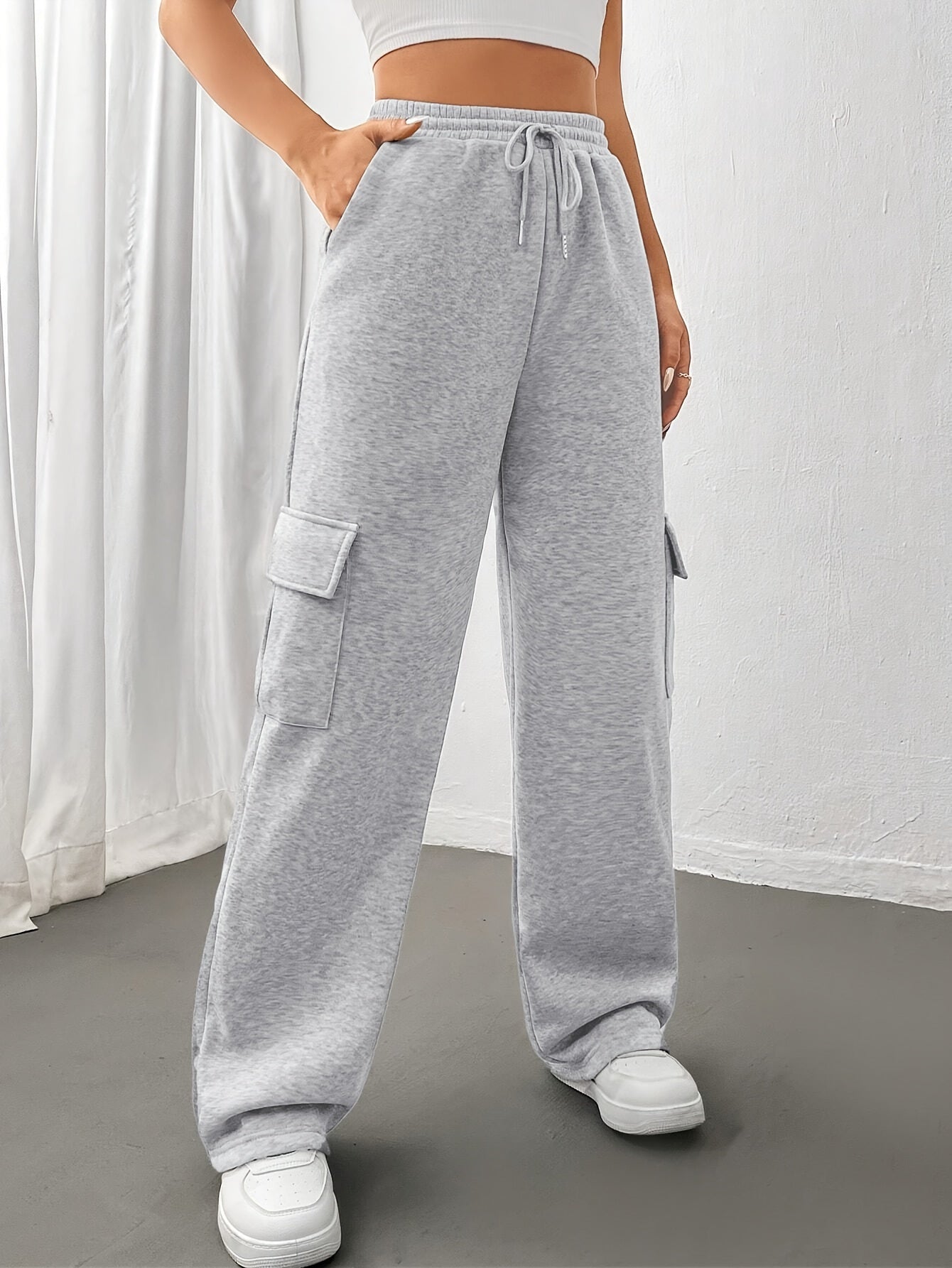 Flap Pocket Straight Leg Sweatpants - Drawstring Elastic Waist for Fall & Winter