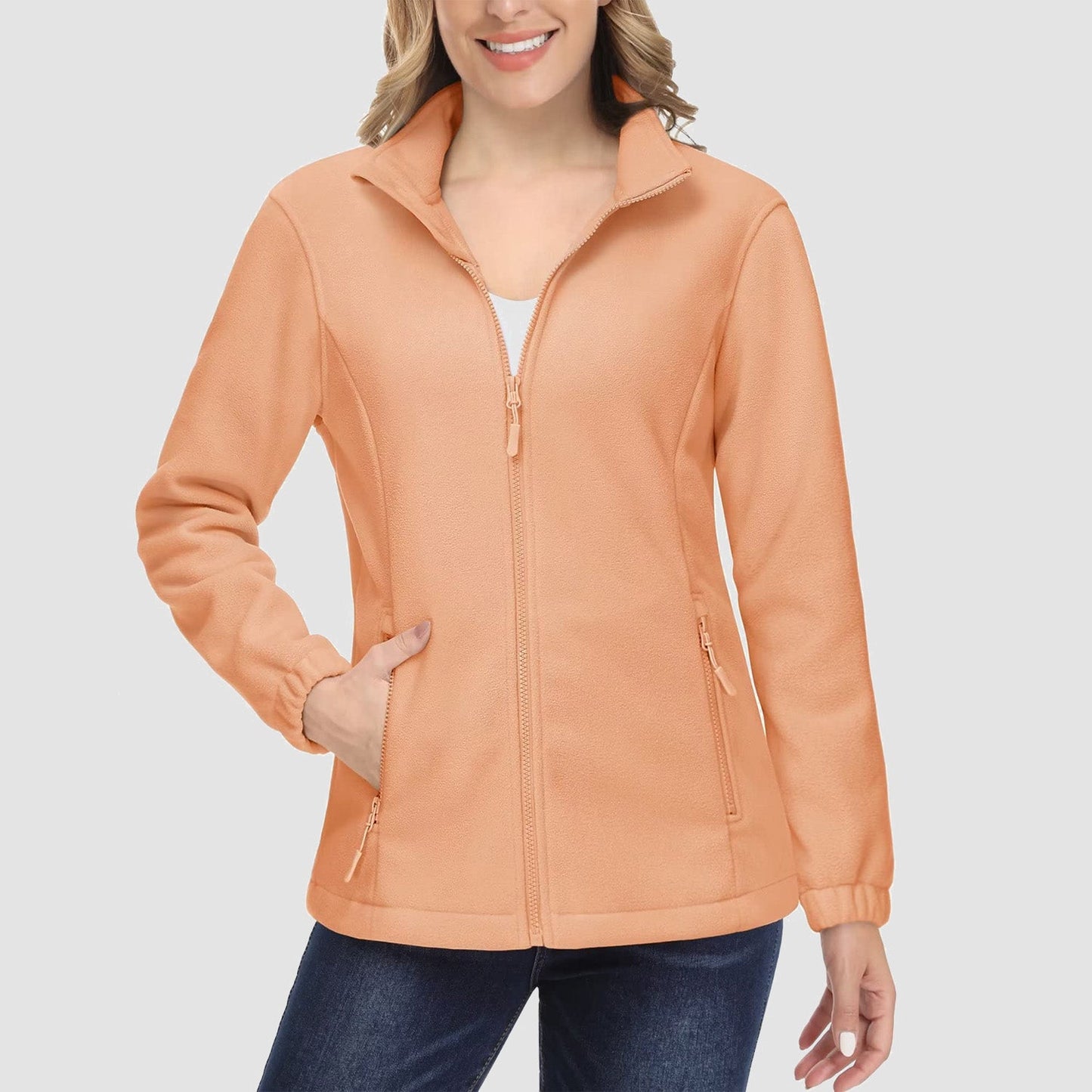 Jaqueta de lã feminina, macia, zíper completo, quente, manga comprida, com 2 bolsos com zíper, jaquetas de inverno