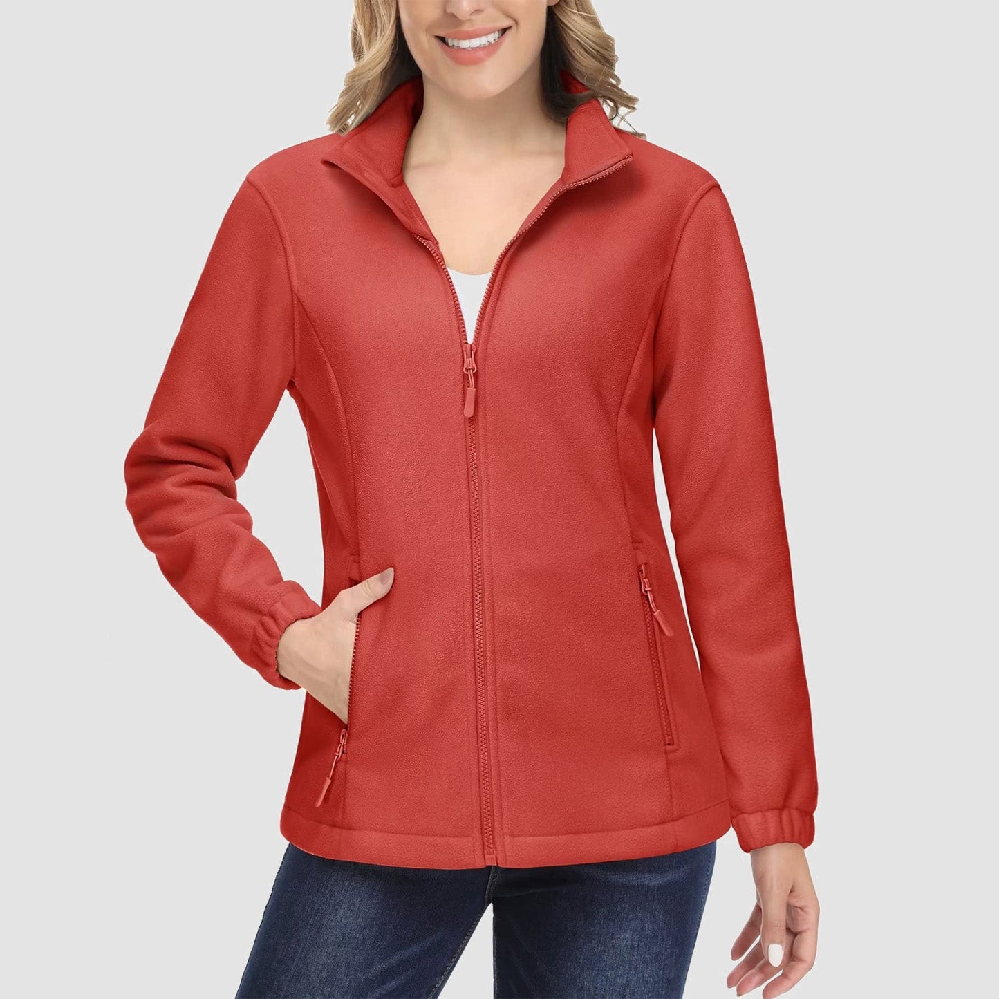 Jaqueta de lã feminina, macia, zíper completo, quente, manga comprida, com 2 bolsos com zíper, jaquetas de inverno