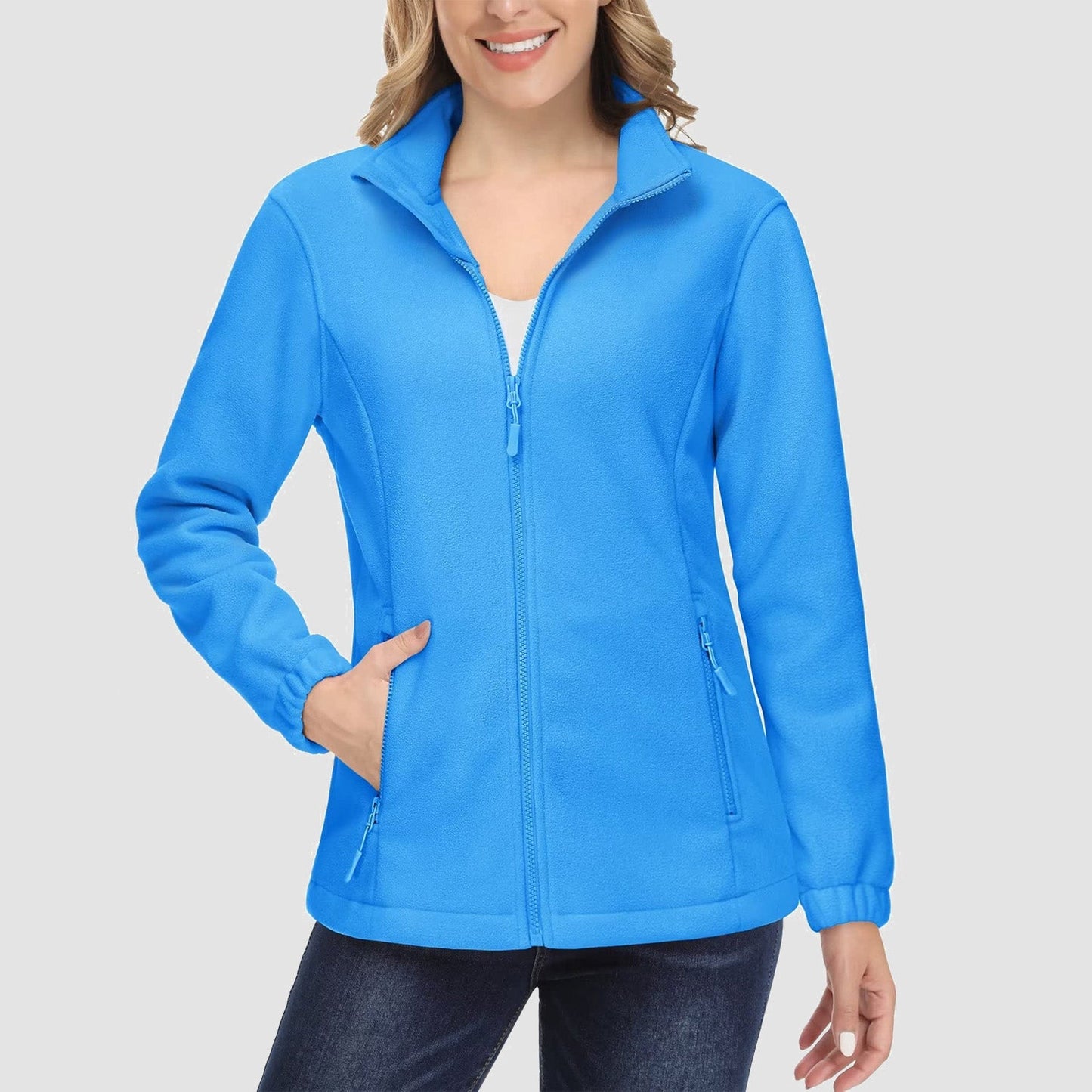 Jaqueta de lã feminina, macia, zíper completo, quente, manga comprida, com 2 bolsos com zíper, jaquetas de inverno