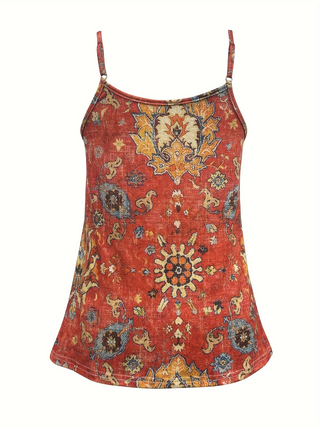 Women's Boho Style Arabesque Print Spaghetti Strap Camisole Top, Round Neck Loose Fit Lounge Top