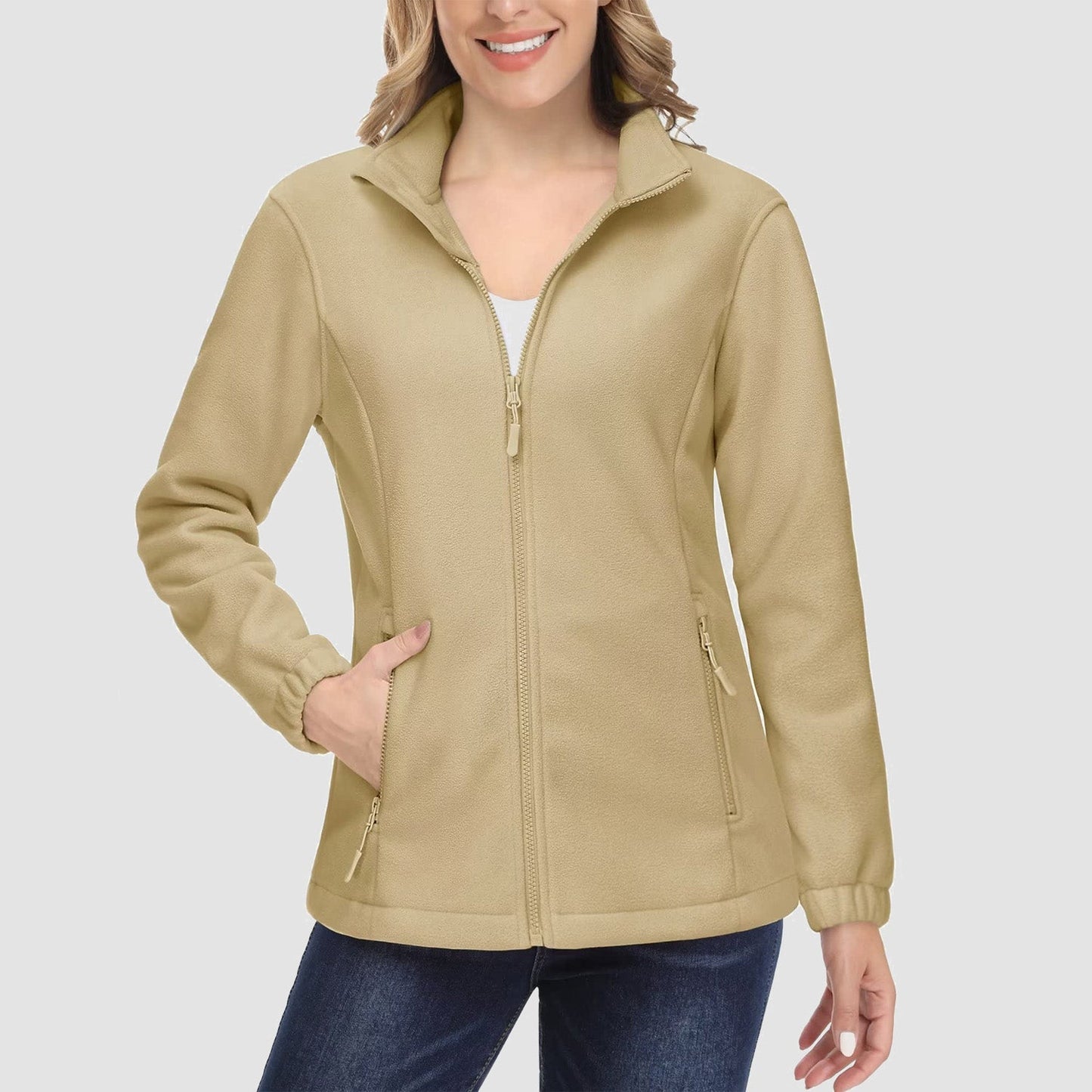 Jaqueta de lã feminina, macia, zíper completo, quente, manga comprida, com 2 bolsos com zíper, jaquetas de inverno