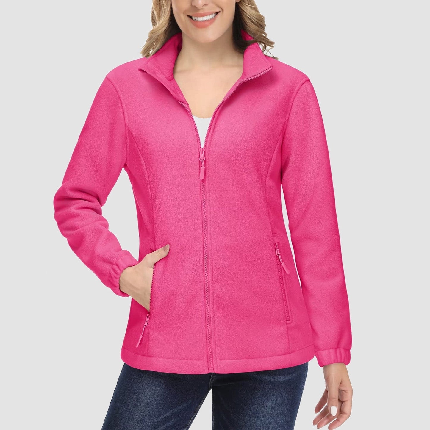Jaqueta de lã feminina, macia, zíper completo, quente, manga comprida, com 2 bolsos com zíper, jaquetas de inverno