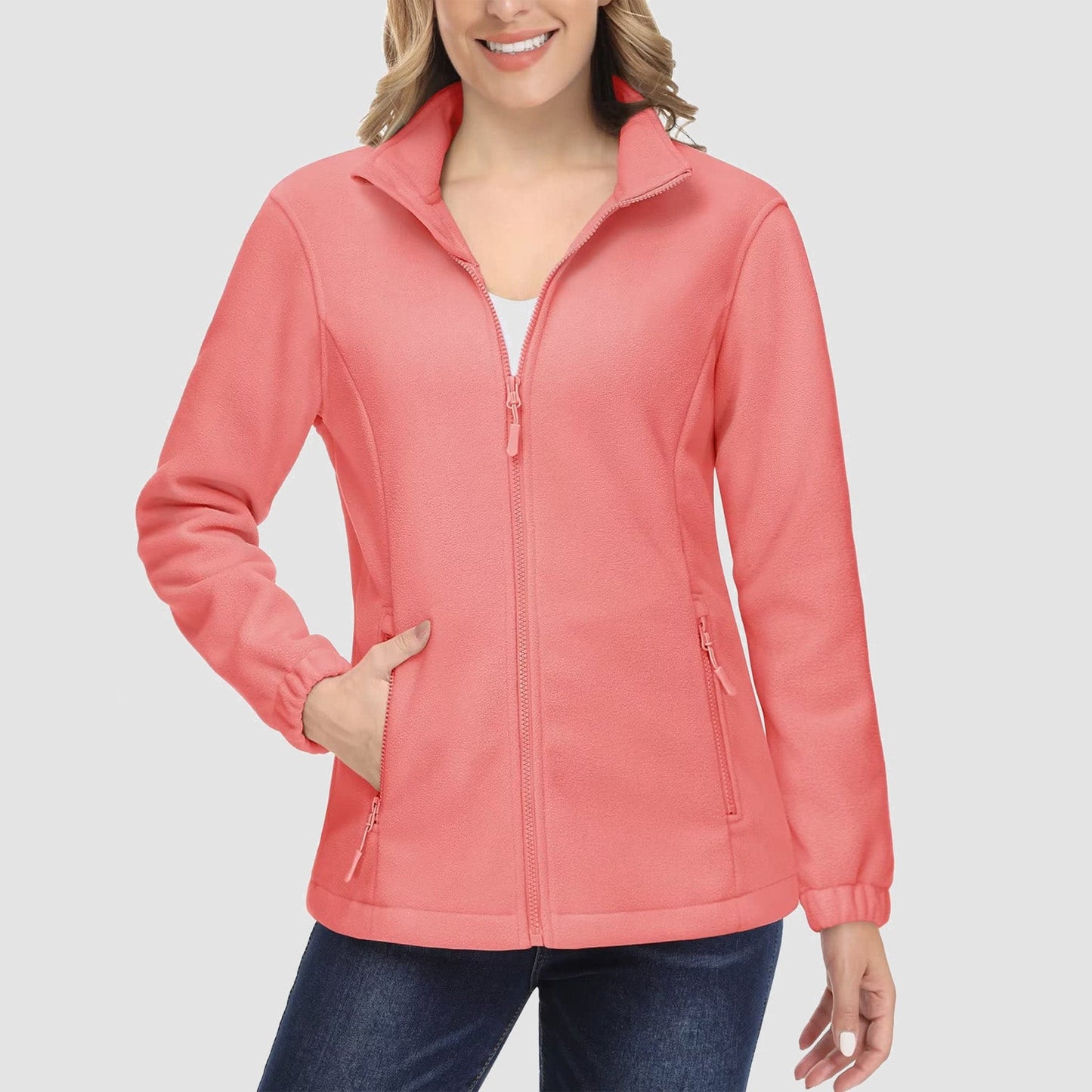 Jaqueta de lã feminina, macia, zíper completo, quente, manga comprida, com 2 bolsos com zíper, jaquetas de inverno