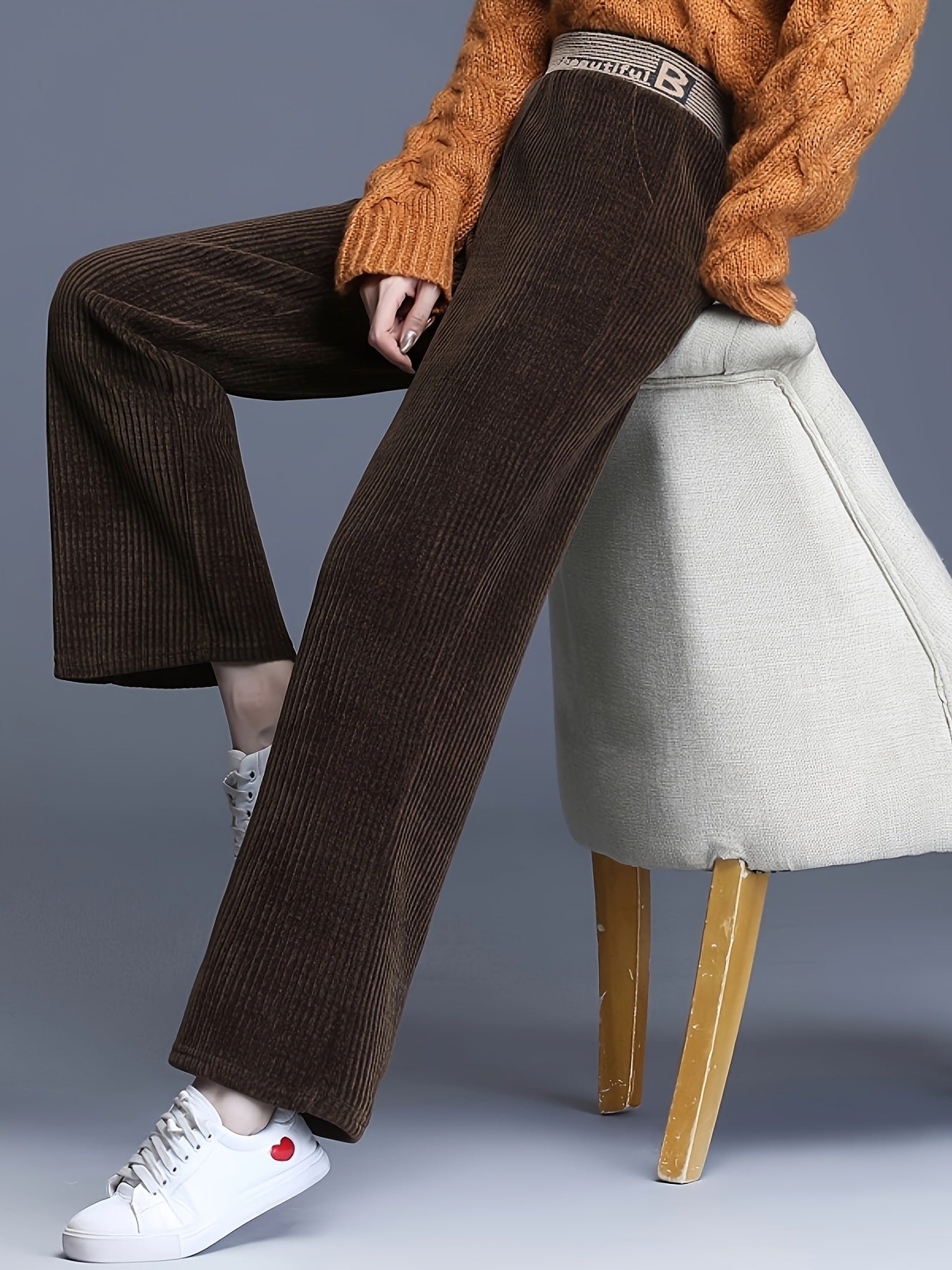 Fleecegefütterte Cordhose mit weitem Bein – Hohe Taille, lässiger gerader Schnitt, Übergröße