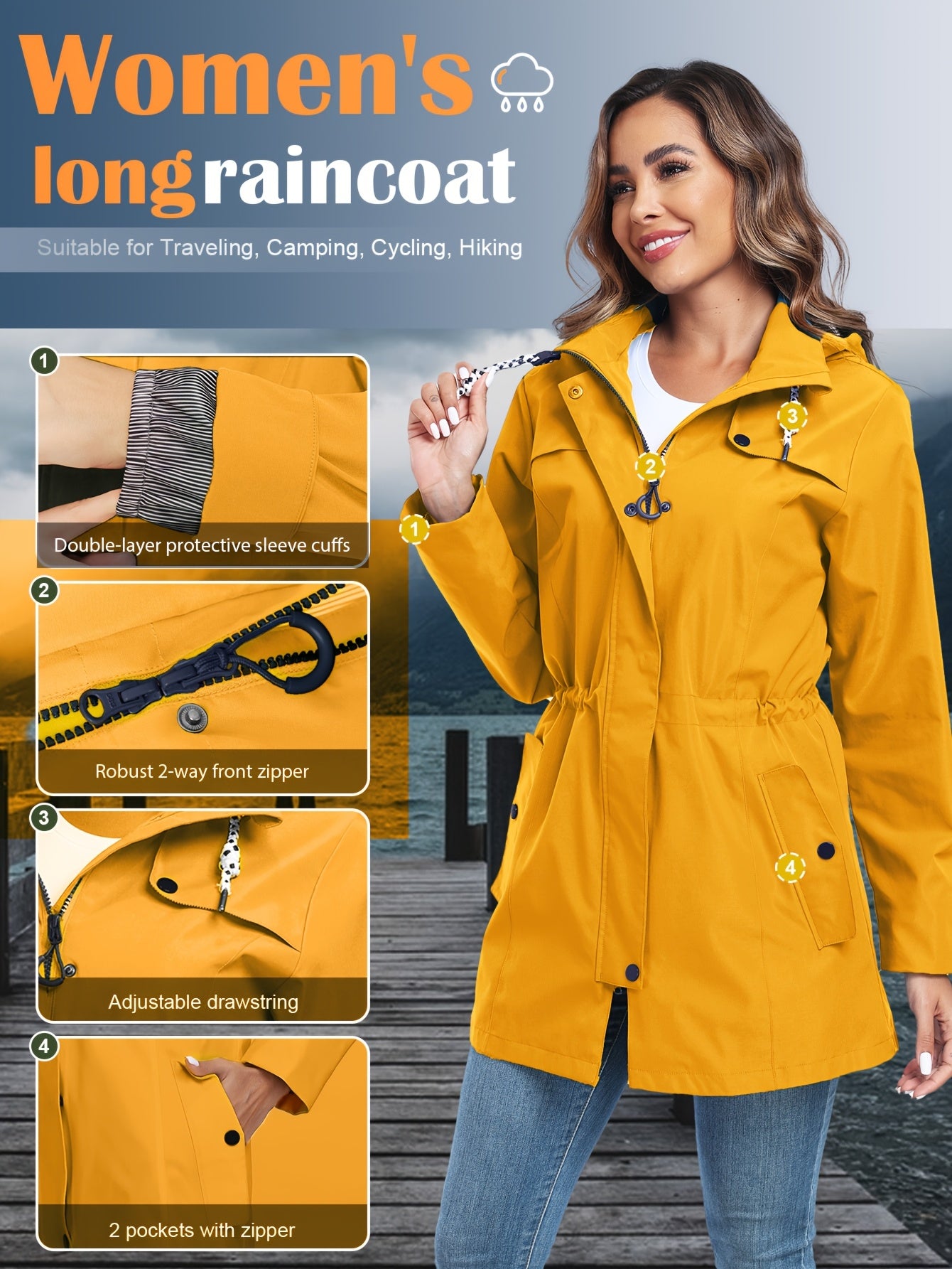 Rain Jacket Women'S Waterproof Hood Transition Jacket Long with Breathable Lining Trench Coat Windbreaker