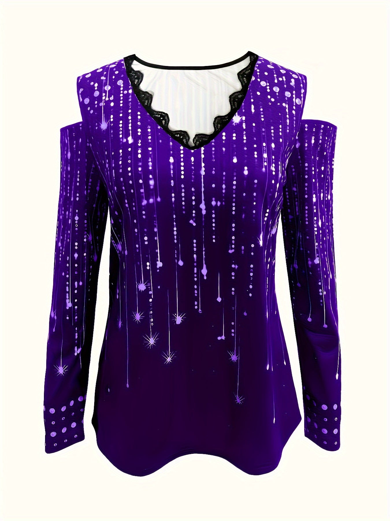 Camiseta com decote em V e acabamento em renda, blusa elegante com ombros descobertos para primavera e outono.