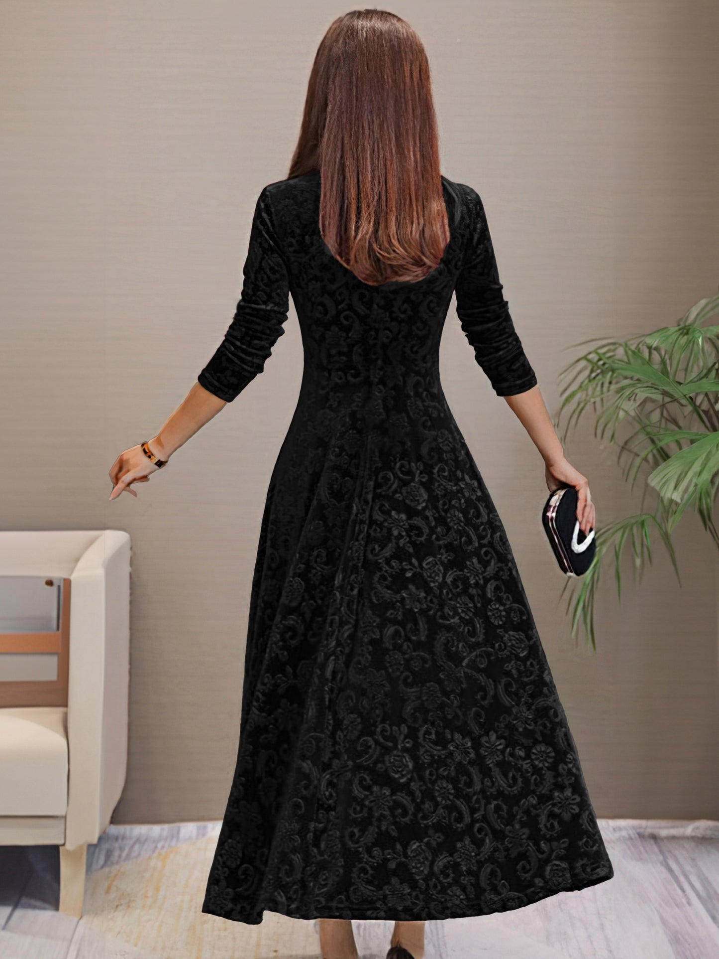 Vestido longo liso, decote em V, manga comprida, estilo elegante para primavera/outono.