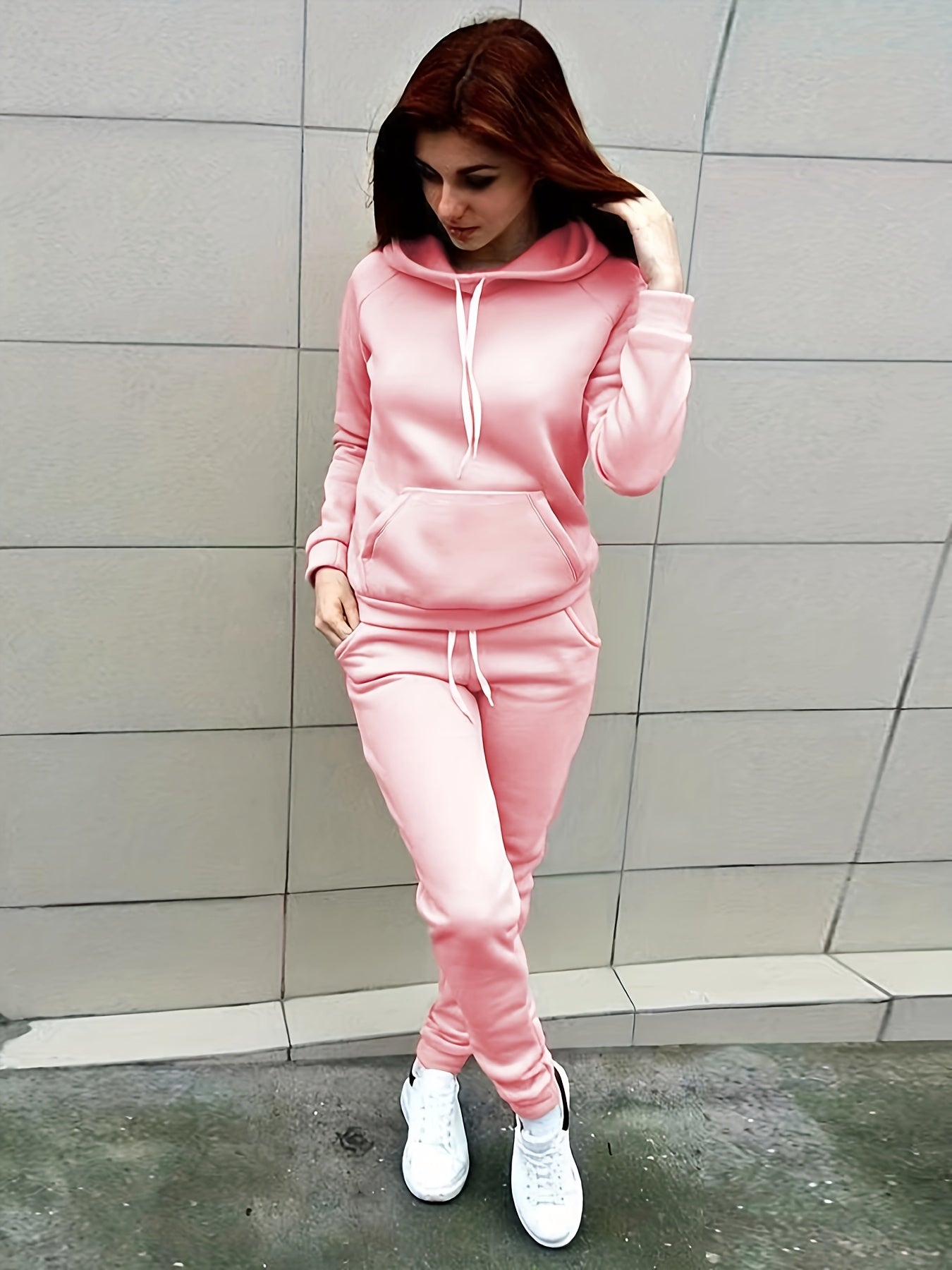 Solid Two-piece Set, Hoodie with Kangaroo Pocket & Drawstring Pants