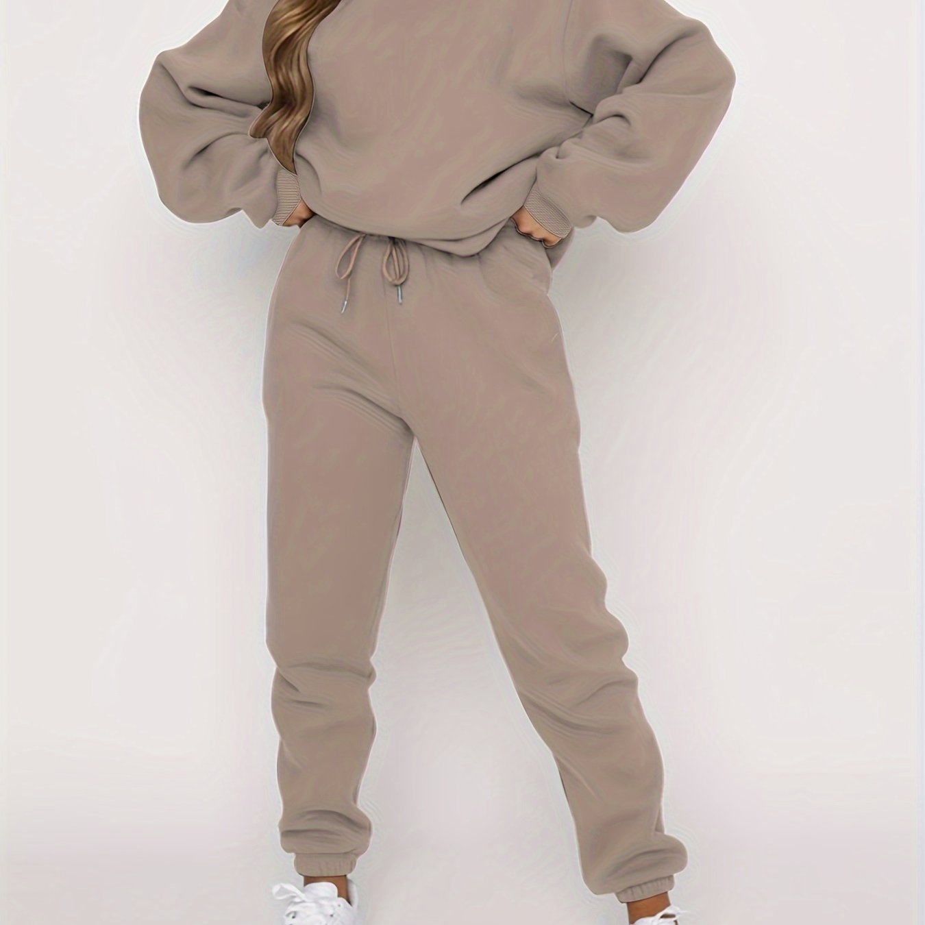 Solid Casual Two-piece Set, Crew Neck Top & Drawstring Jogger Pants