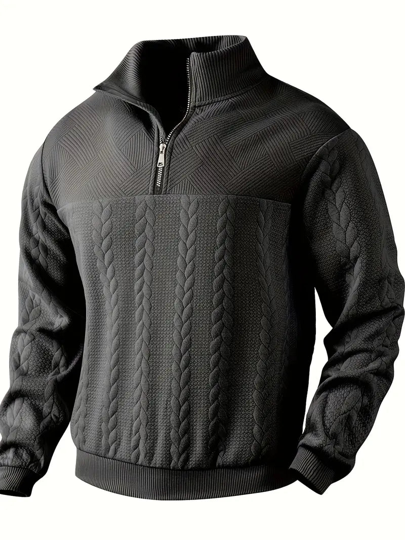 Men's Knit Henley Sweatshirt - Stand Collar, 1/4 Zip, Long Sleeve