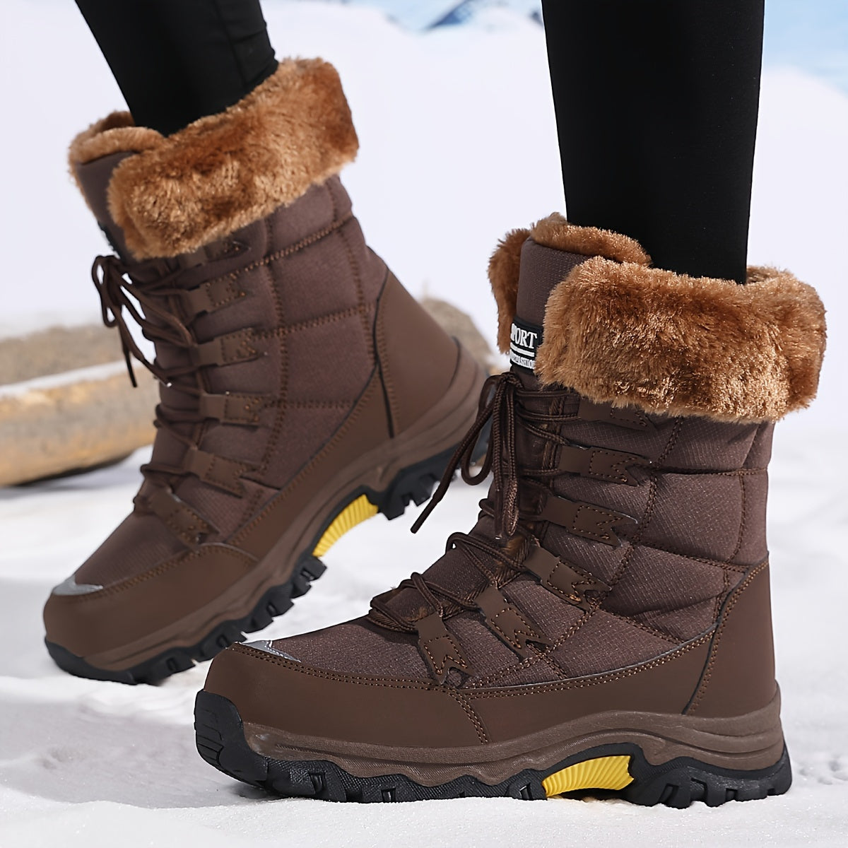 Botas de neve femininas impermeáveis e isoladas com forro de pele sintética, sola de borracha grossa e cadarços ajustáveis para atividades ao ar livre no inverno