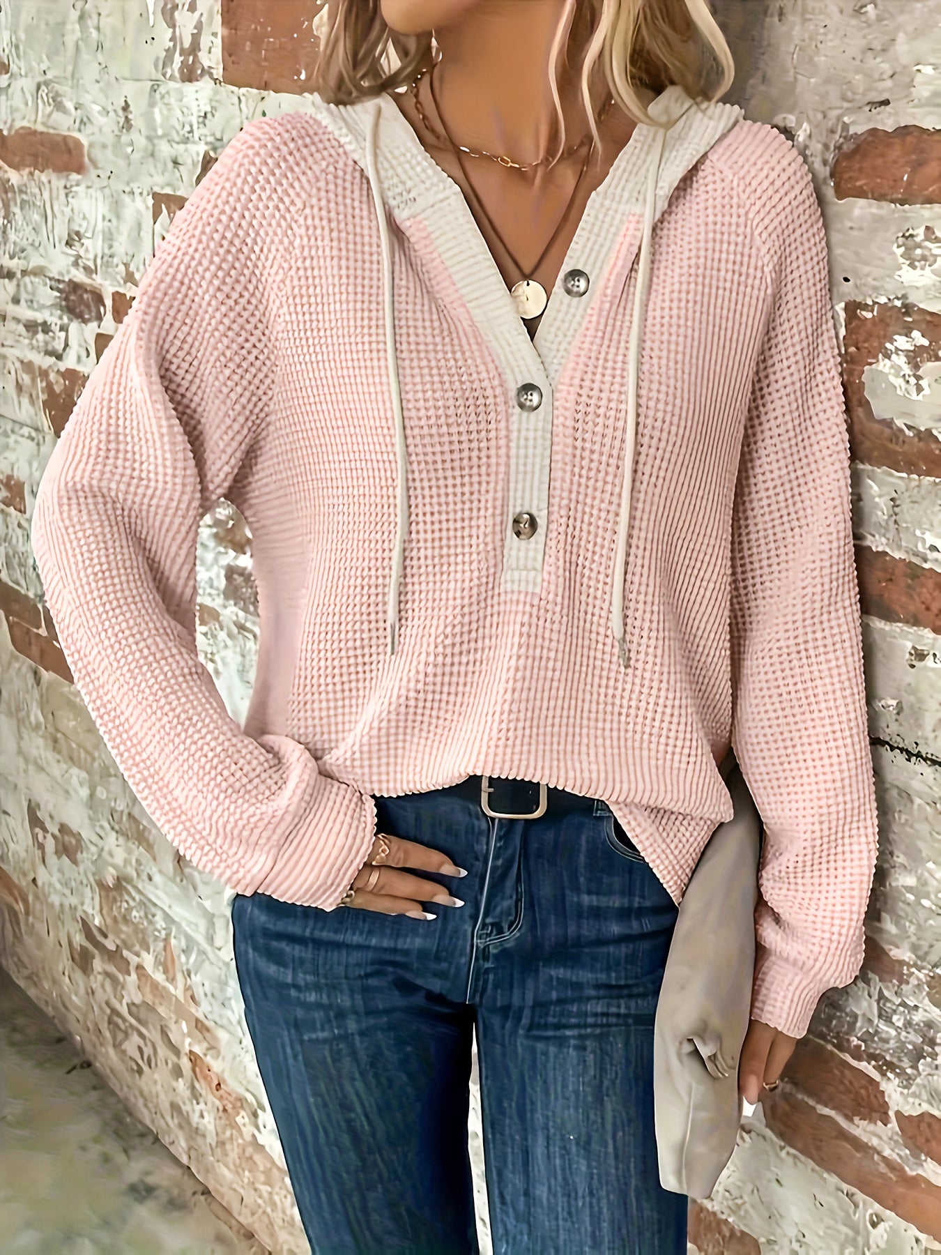 Color Block Hoodie, Button Front, Long Sleeve, Casual Sweatshirt for Women.