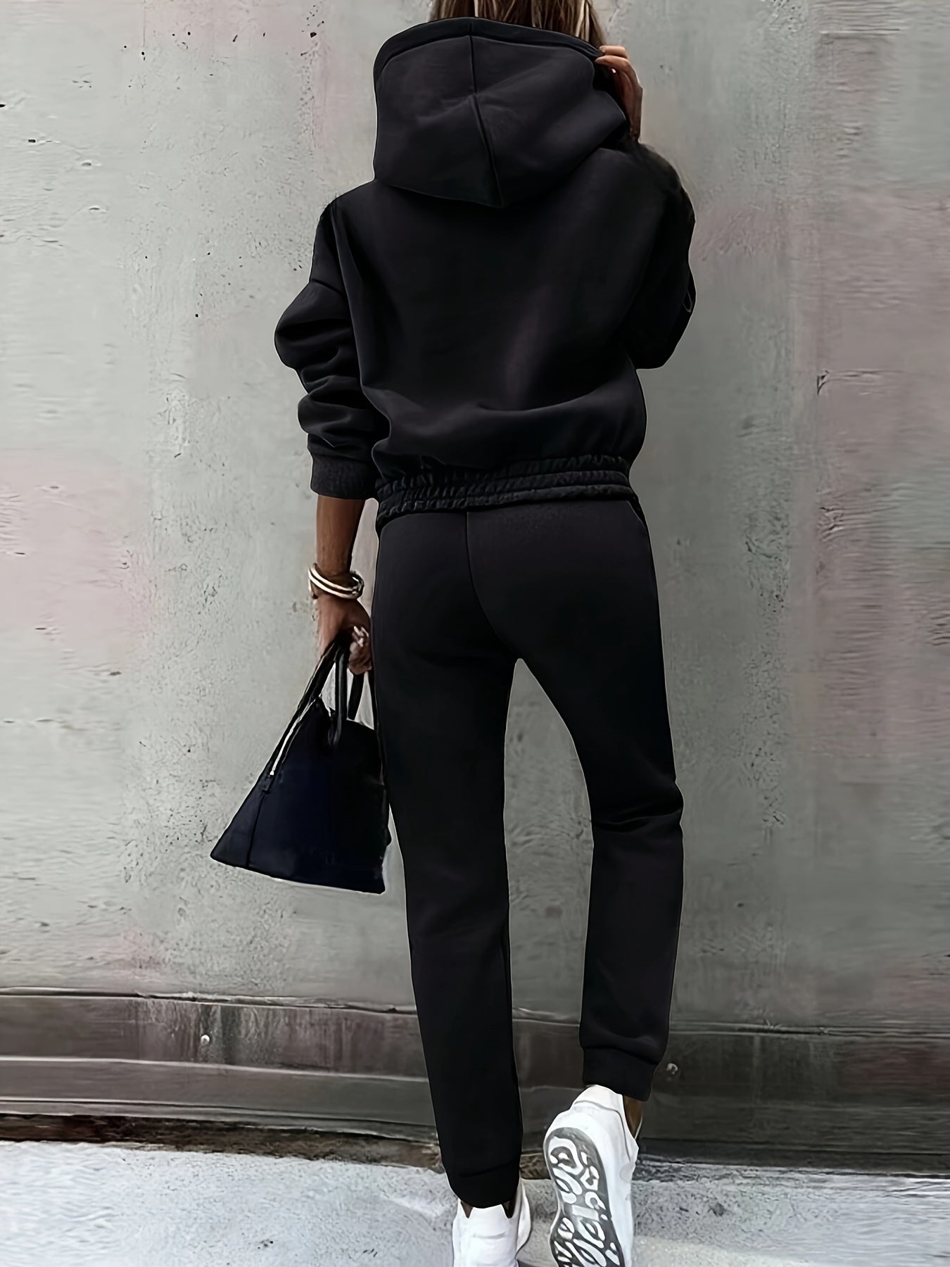 Casual Solid Sweatpants Set, Long Sleeve Hoodie & Drawstring Jogger Pants