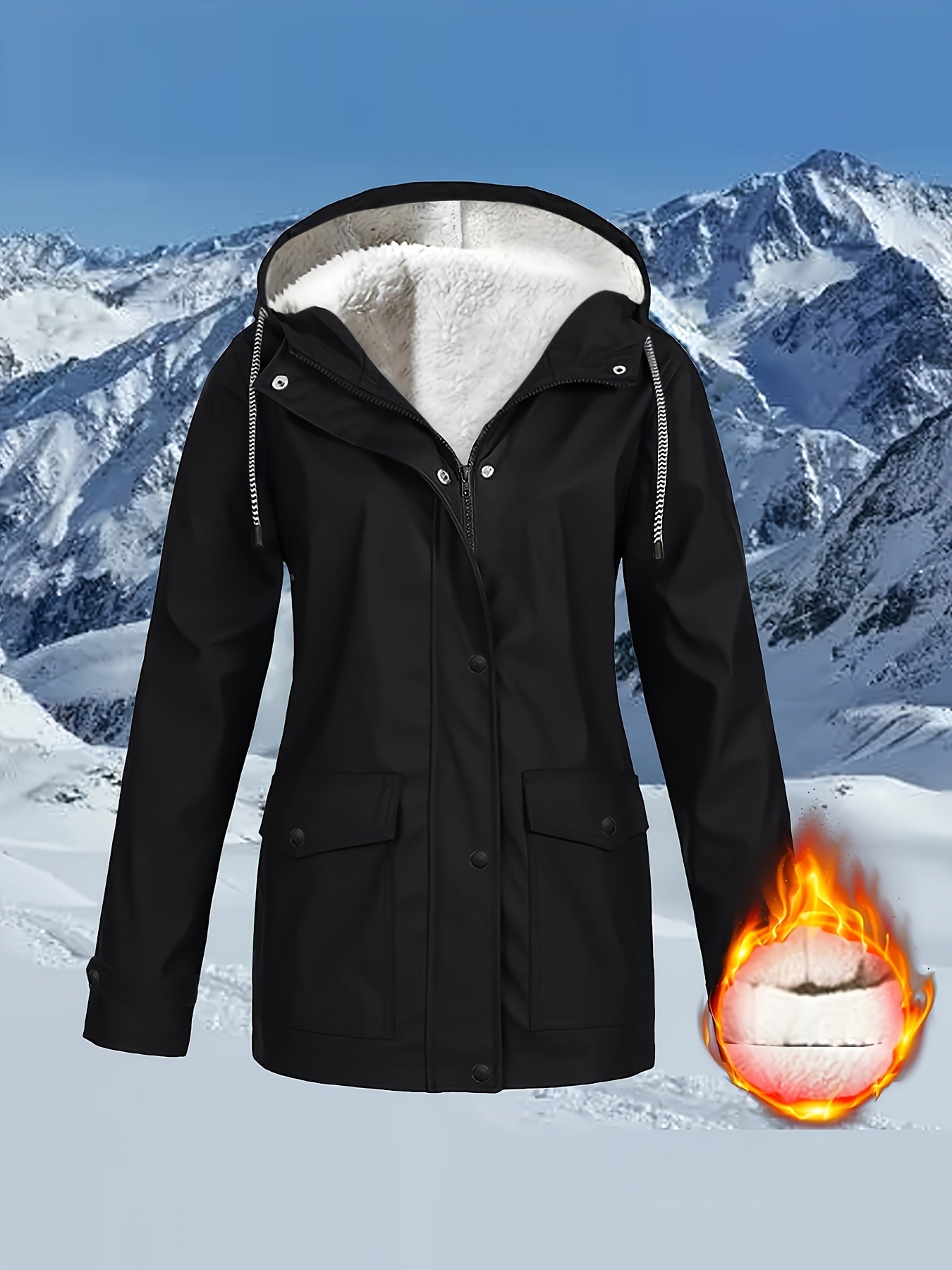 Corta-vento feminino com capuz e forro de lã - Jaqueta impermeável e casual de manga comprida para outono/inverno